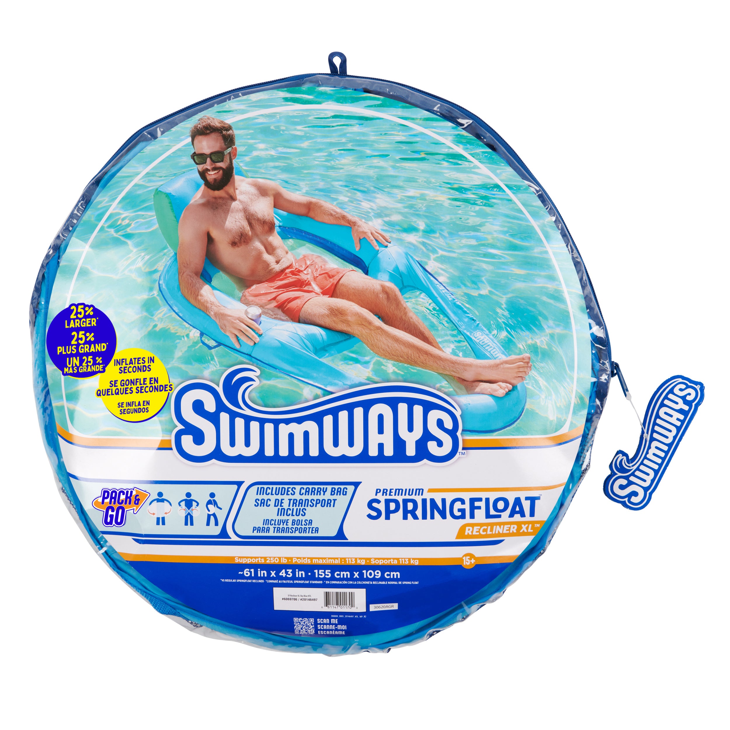 SwimWays Spring Float Premium XL Recliner Chair for Swimming Pool, Inflatable Pool Floats Adult with Fast Inflation, Cup Holder & Foot Rest, Supports Up to 300 lbs, Blue