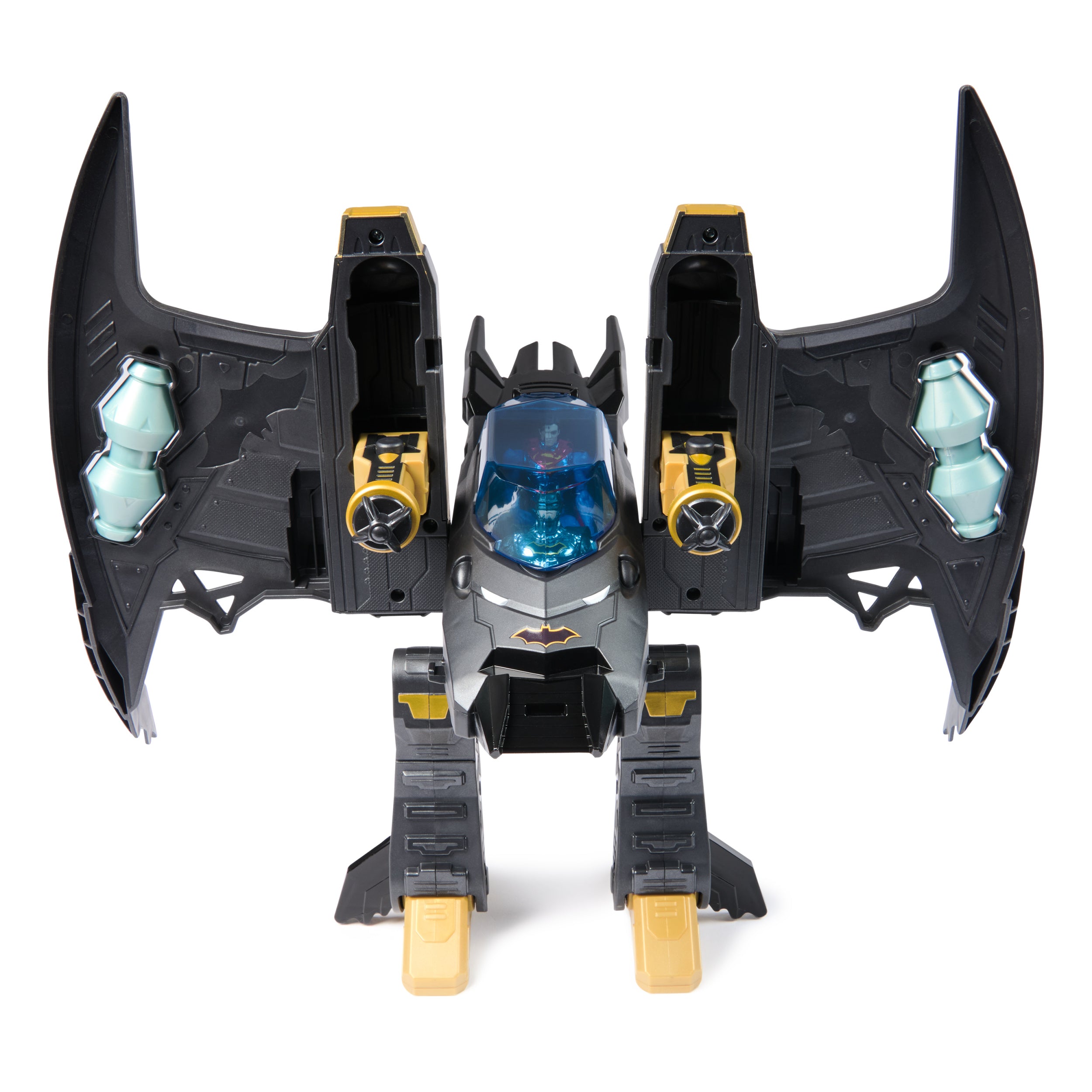 DC Comics, Metal Force Transforming Batwing, 2-in-1 Playset, Includes Batman and Superman Figures, with Projectiles and Character Cards, Kids Toy for Boys Ages 4 and Up