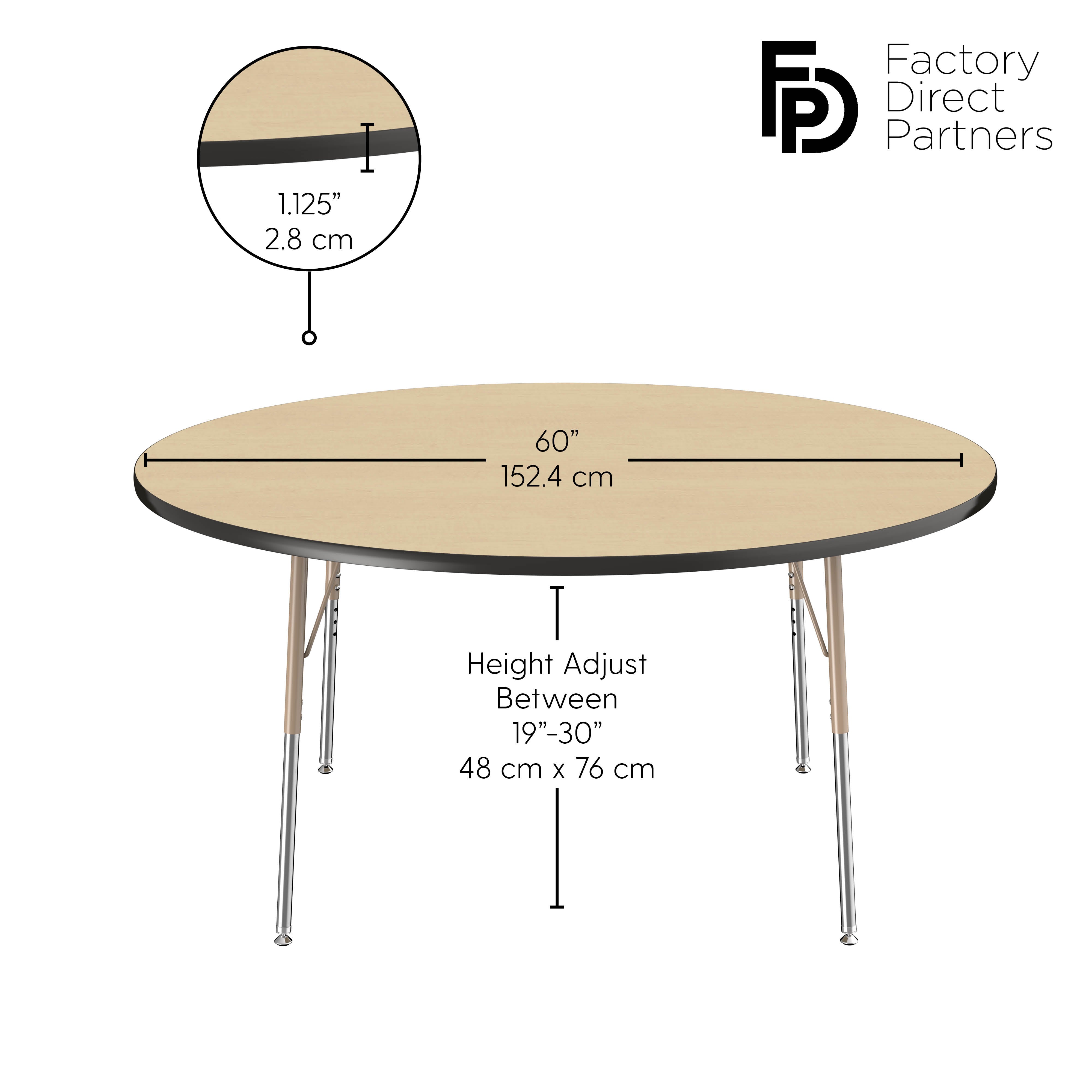 60" Round T-Molding Activity Table with Adjustable Standard Swivel Glide Legs - Maple/Black/Sand