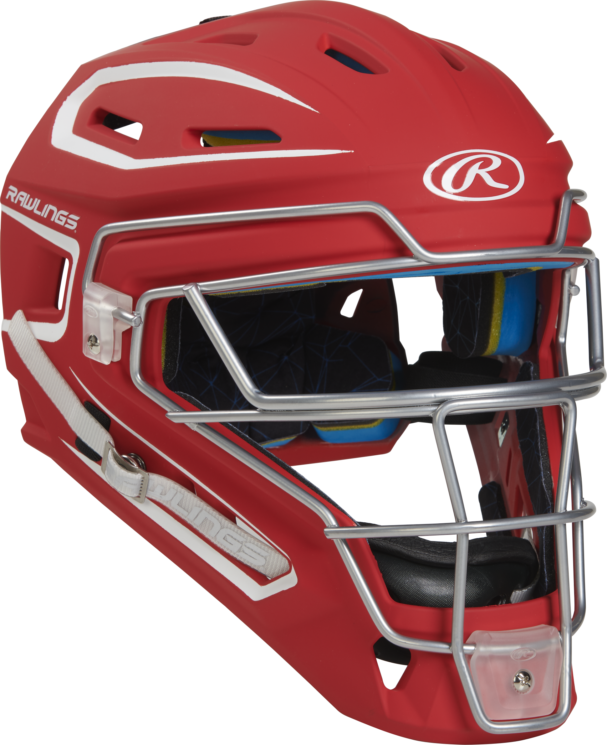 Rawlings Mach Matte 2-Tone Hockey Style Senior Catchers Helmet - Scarlet/White