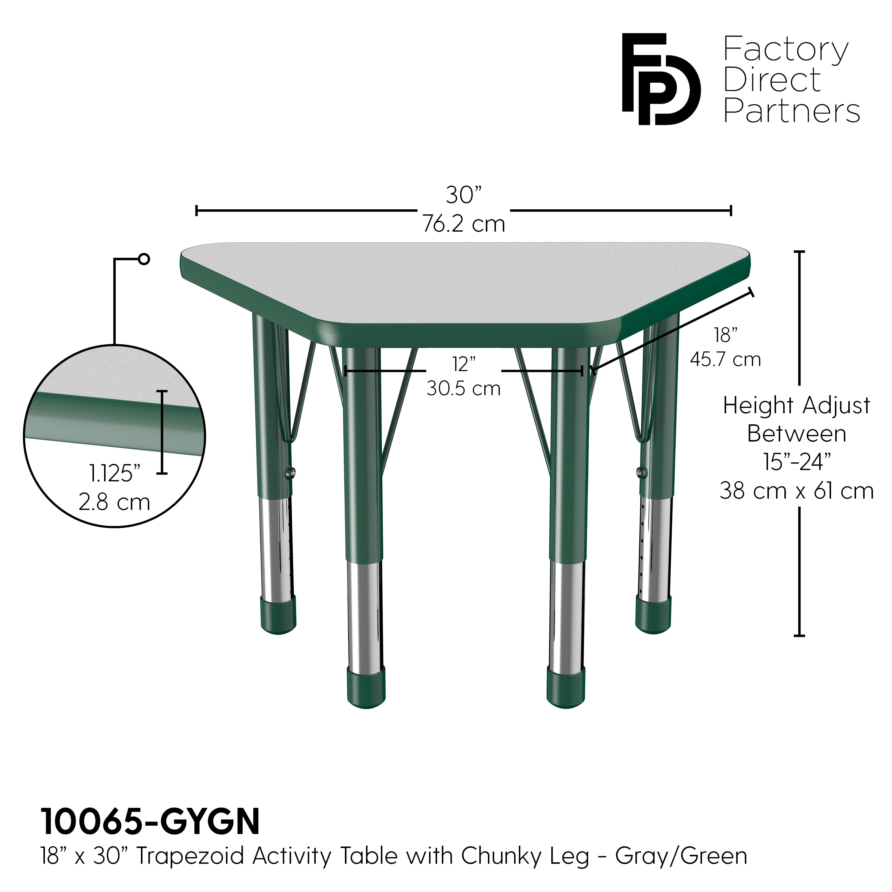 18" x 30" Trapezoid T-Molding Activity Table with Adjustable Chunky Legs - Gray/Green
