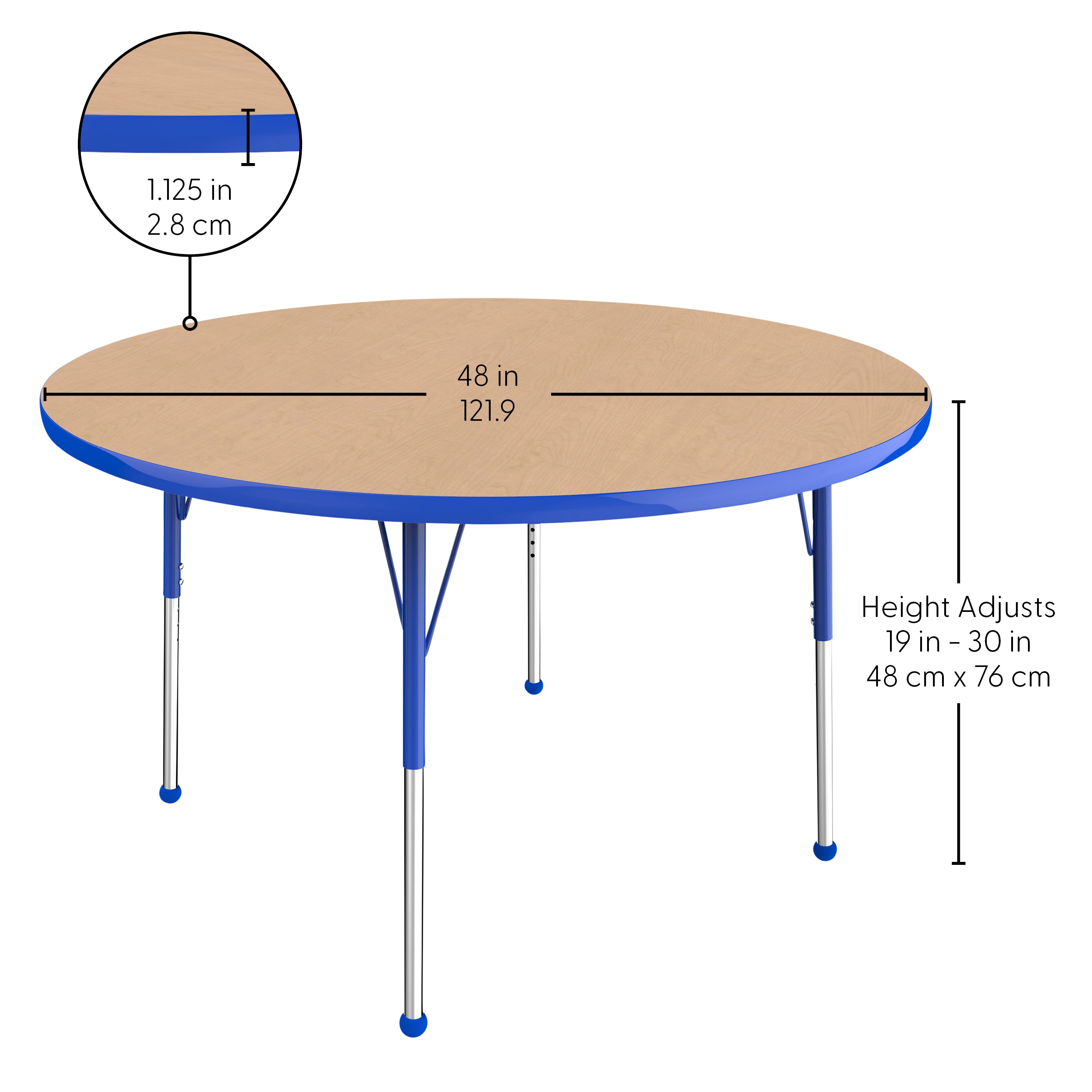 48" Round T-Molding Activity Table with Adjustable Standard Ball Glide Legs - Maple/Blue