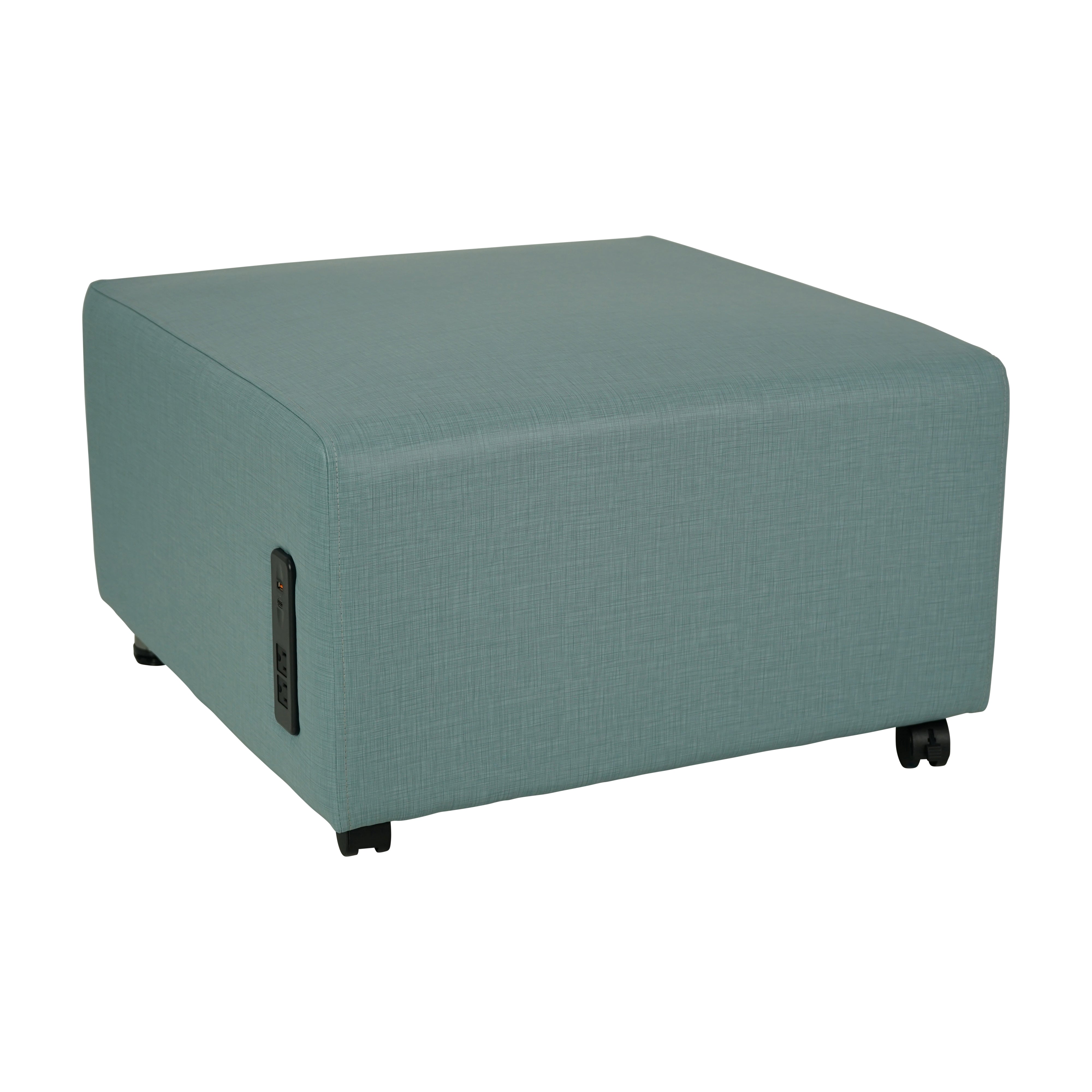 Pro Series Upholstered Square Mobile Ottoman with Tech Panel - Sky Blue Crosshatch