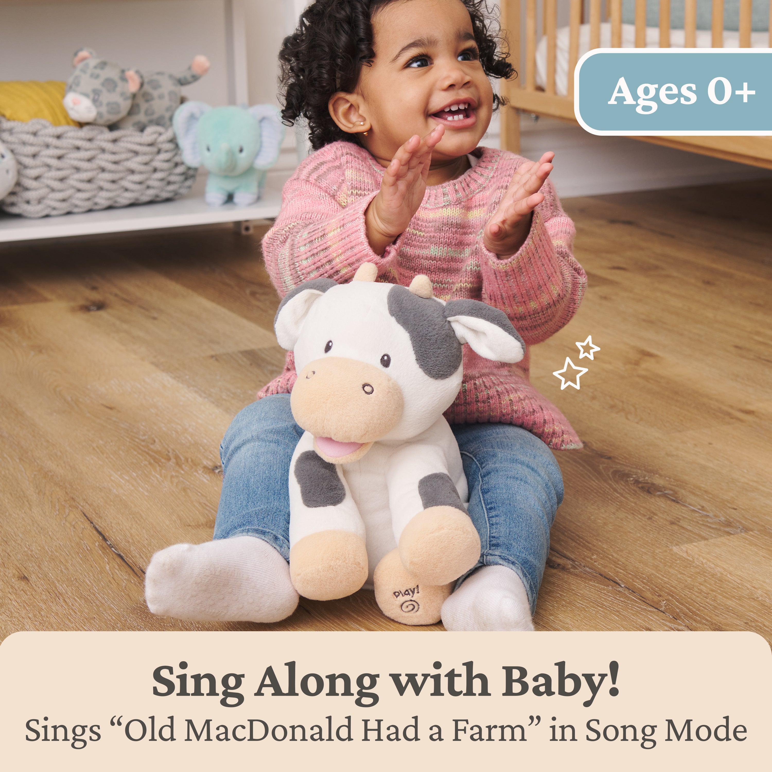 Baby GUND Buttermilk the Cow Animated Plush, Singing Stuffed Animal Sensory Toy, Sings Old MacDonald and Teaches Animal Sounds, Cream/Grey, 12”