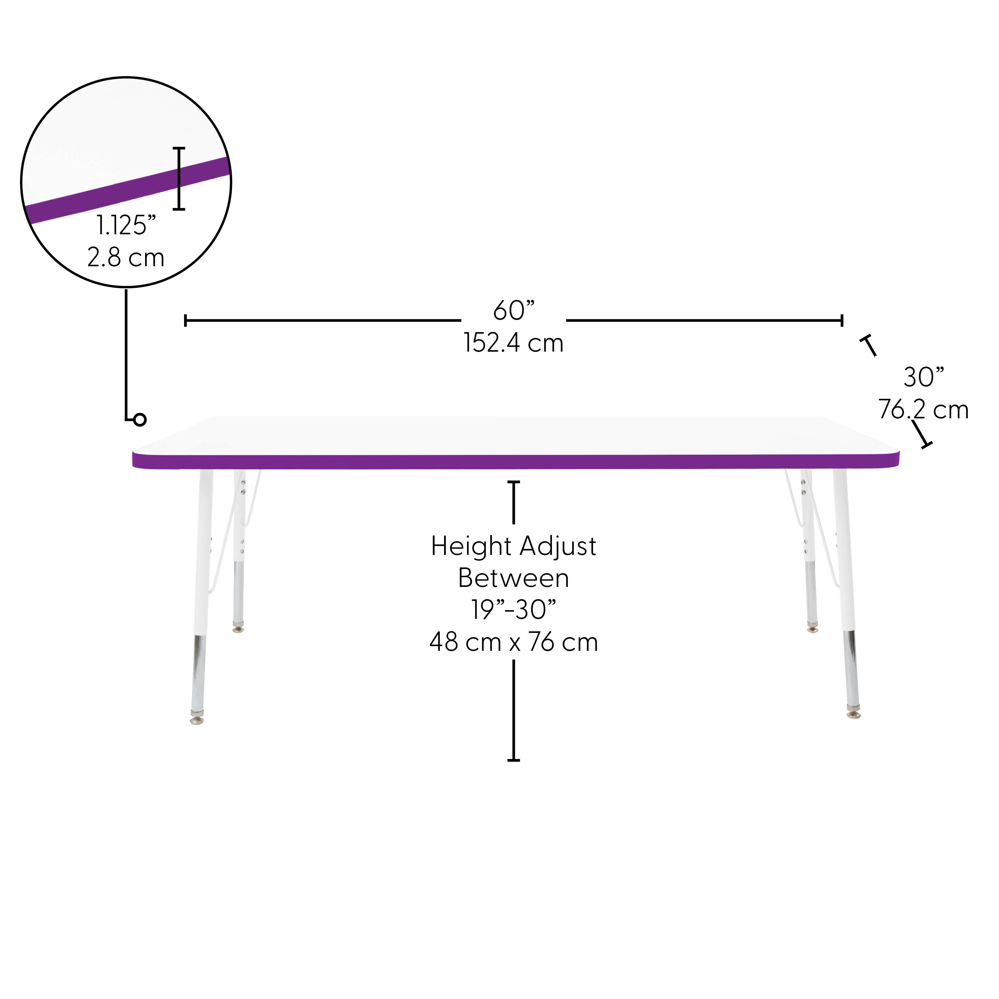 30" x 60" Rectangle Thermofused Activity Table with Adjustable Standard Swivel Glide Legs - White/Eggplant/White