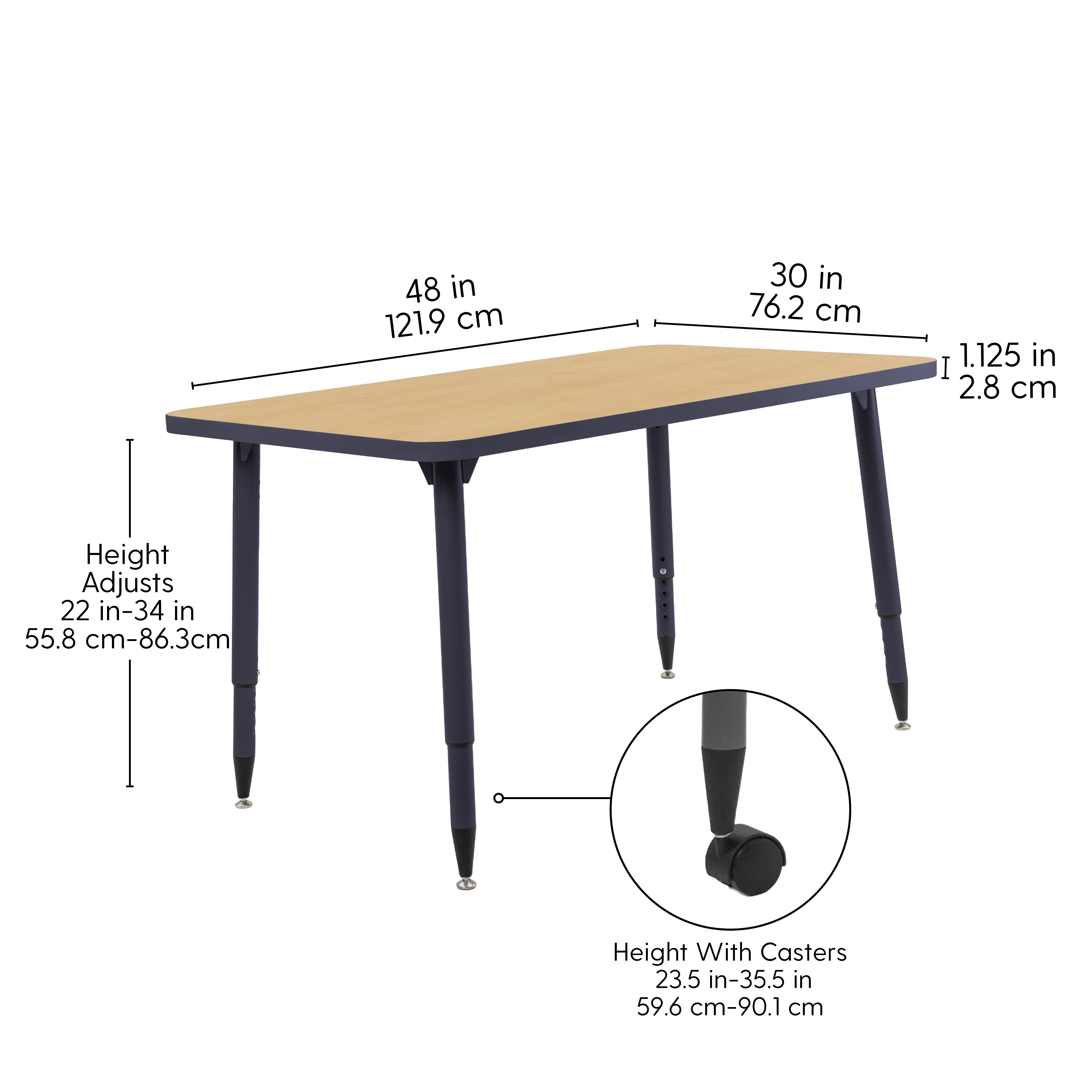 Adapte 30" x 48" Rectangle Thermofused Activity Table with Adjustable Tapered Legs - Maple/Navy