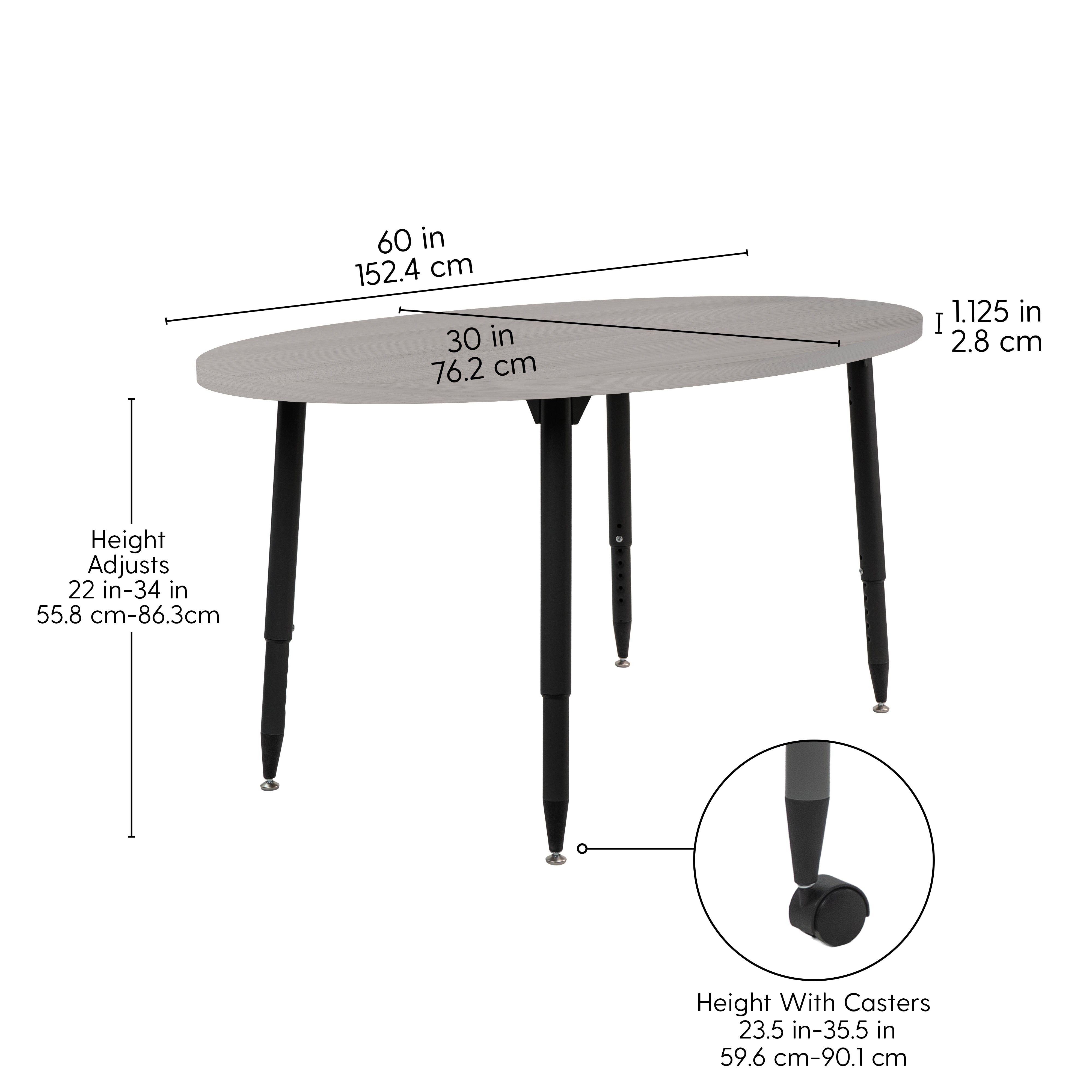 Adapte 30" x 60" Oval Woodgrain Activity Table with Adjustable Tapered Legs - Light Gray Wood/Black