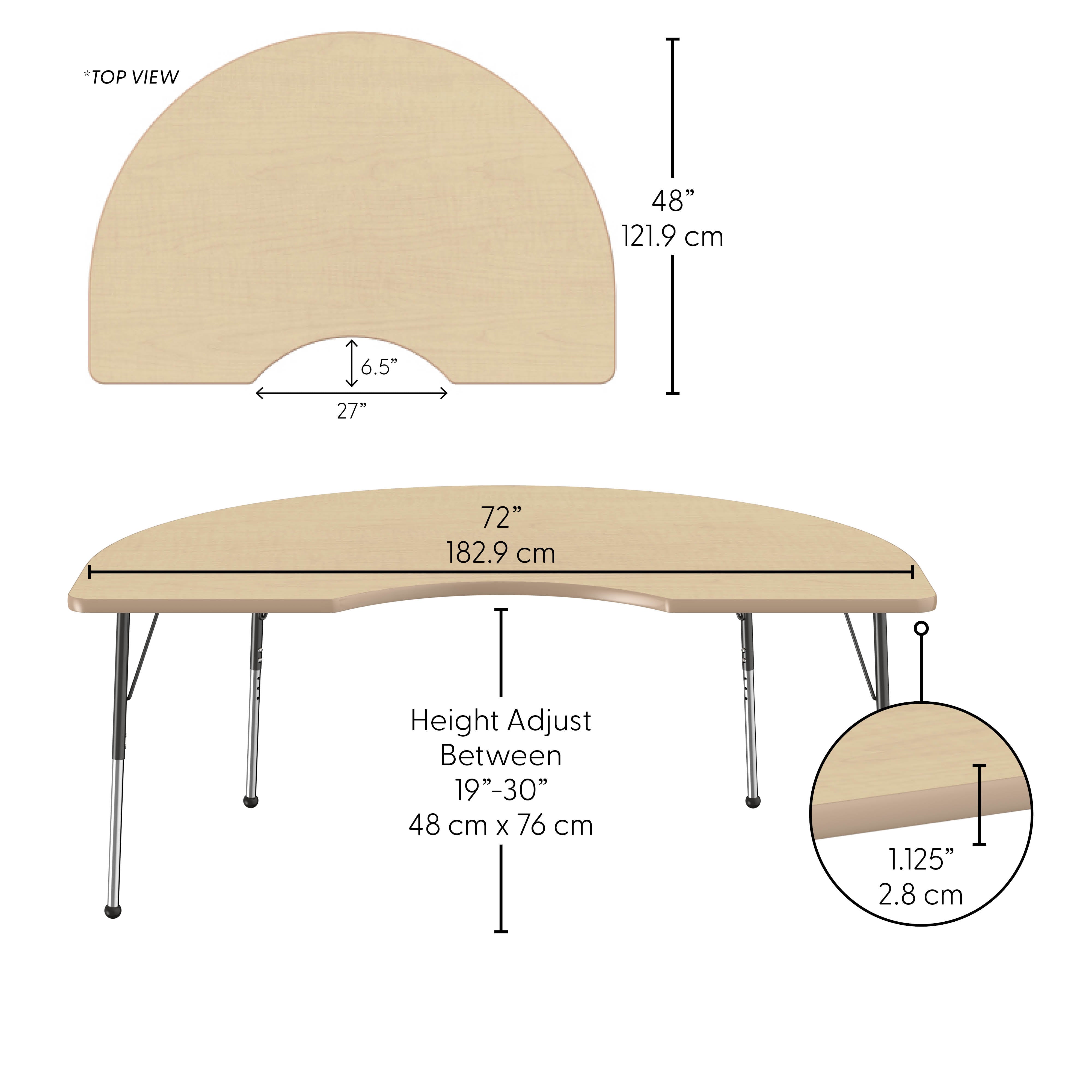 48" x 72" Kidney Thermofused Activity Table with Adjustable Standard Ball Glide Legs - Maple/Maple/Black