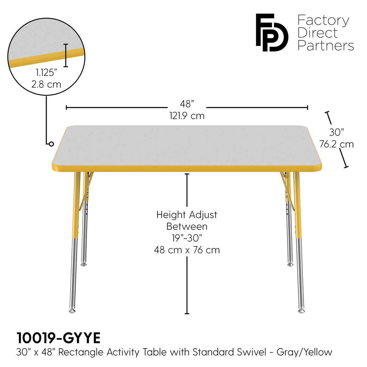 30" x 48" Rectangle T-Molding Activity Table with Adjustable Standard Swivel Glide Legs - Gray/Yellow