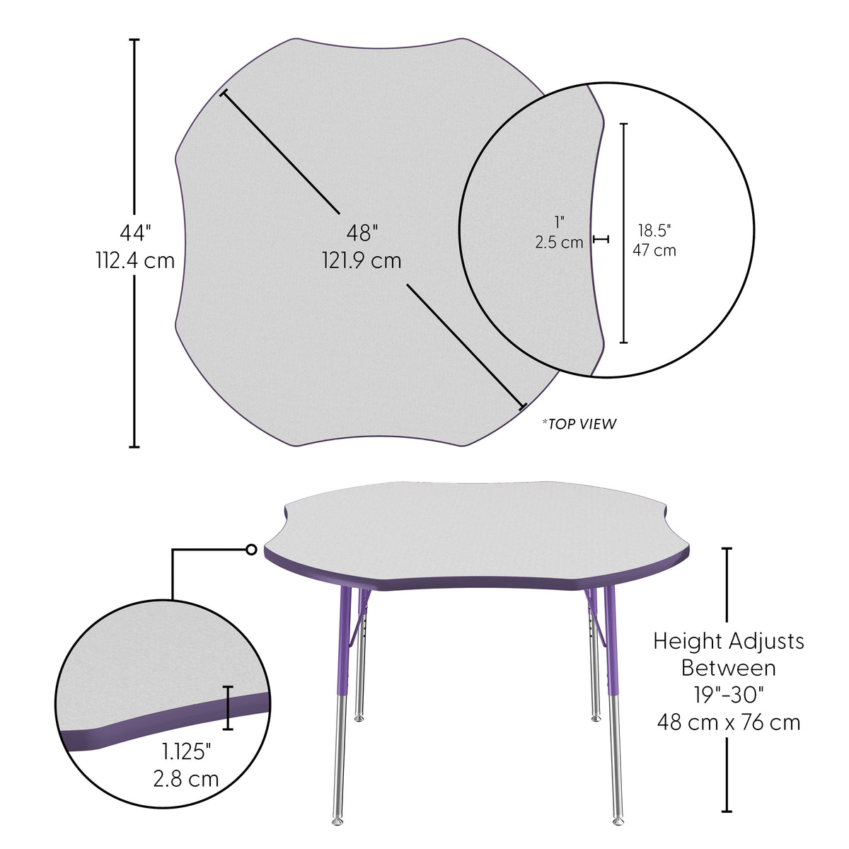 48" x 48" Clover T-Molding Activity Table with Adjustable Standard Swivel Glide Legs - Gray/Purple