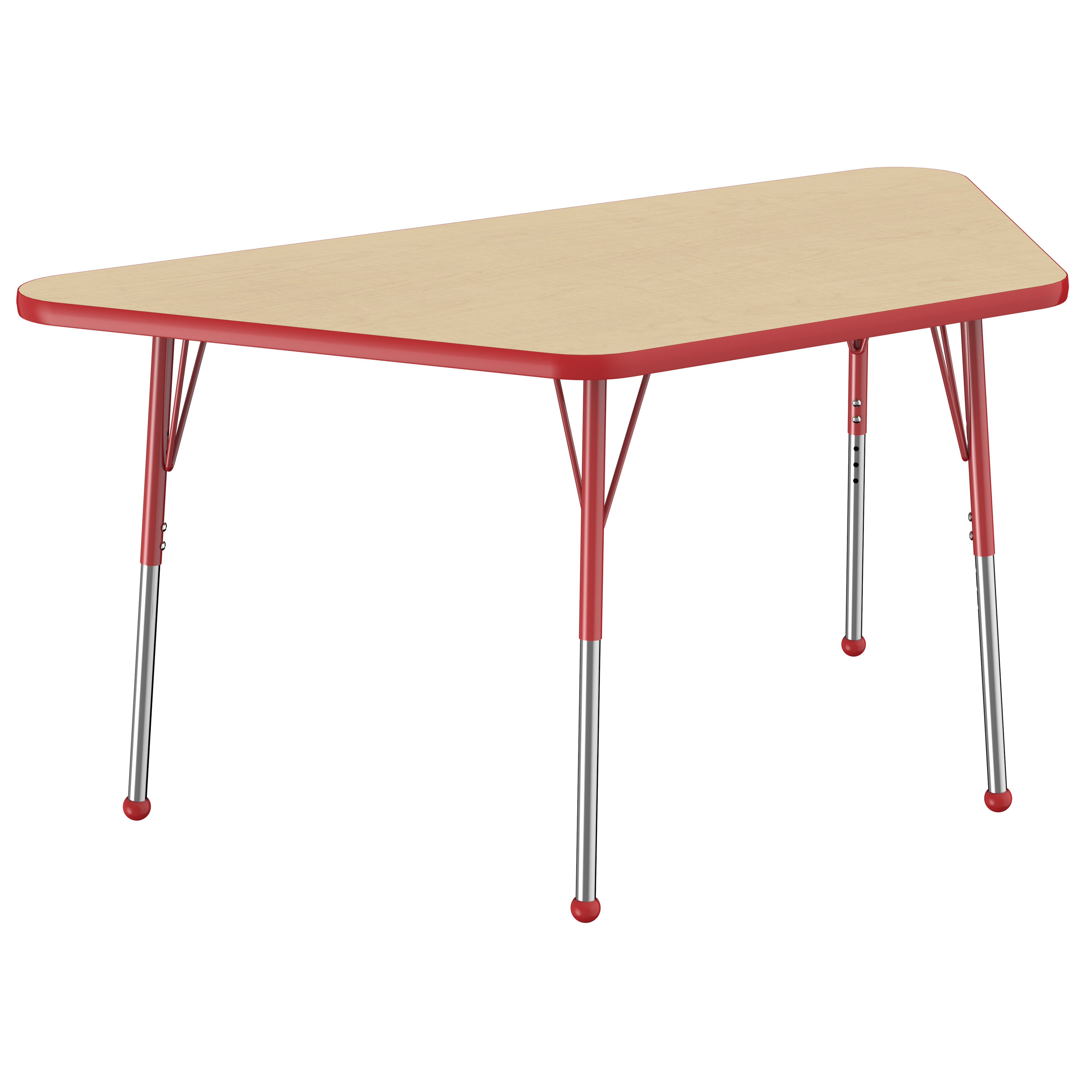 30" x 60" Trapezoid T-Molding Activity Table with Adjustable Standard Ball Glide Legs - Maple/Red