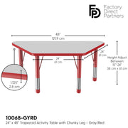 24" x 48" Trapezoid T-Molding Activity Table with Adjustable Chunky Legs - Gray/Red