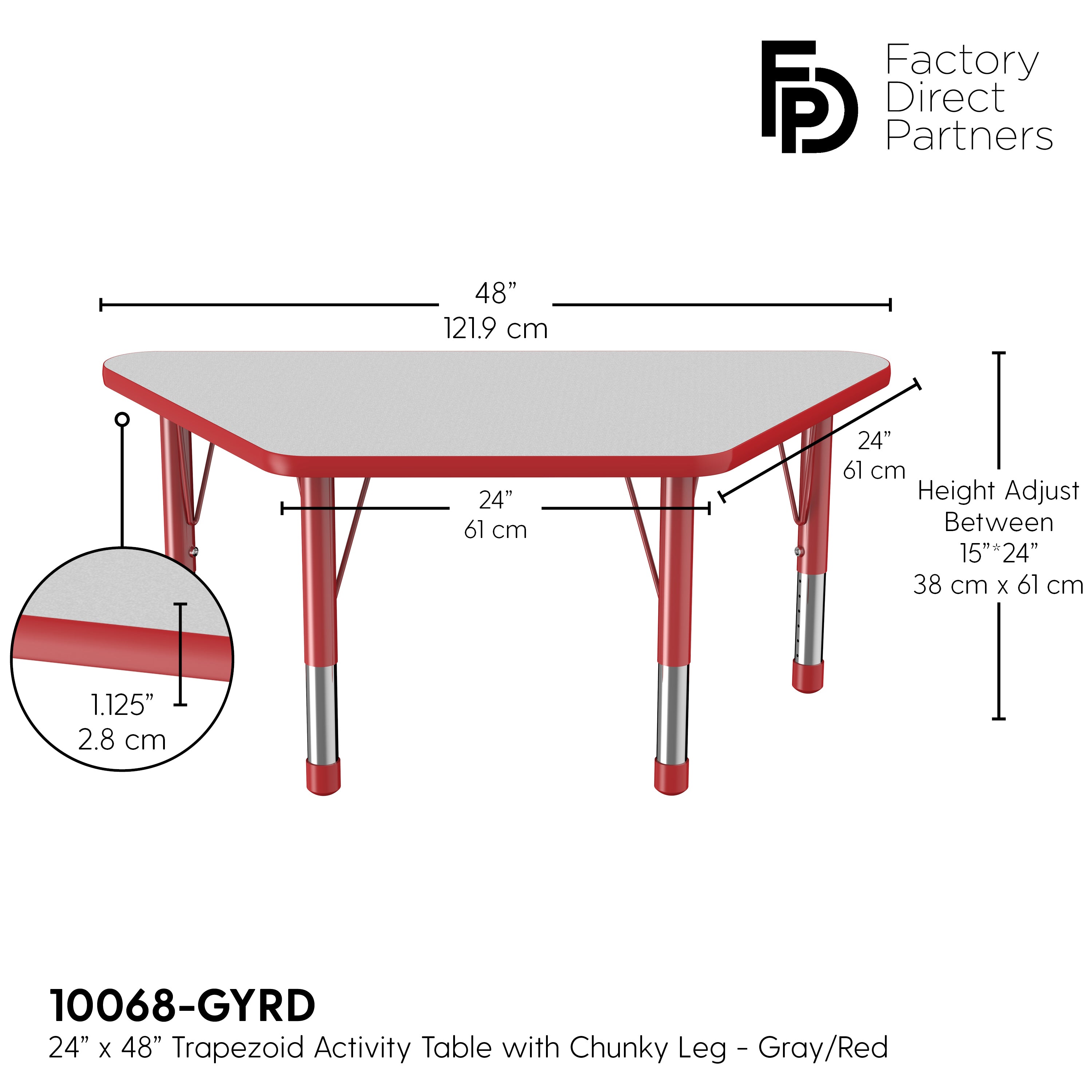 24" x 48" Trapezoid T-Molding Activity Table with Adjustable Chunky Legs - Gray/Red