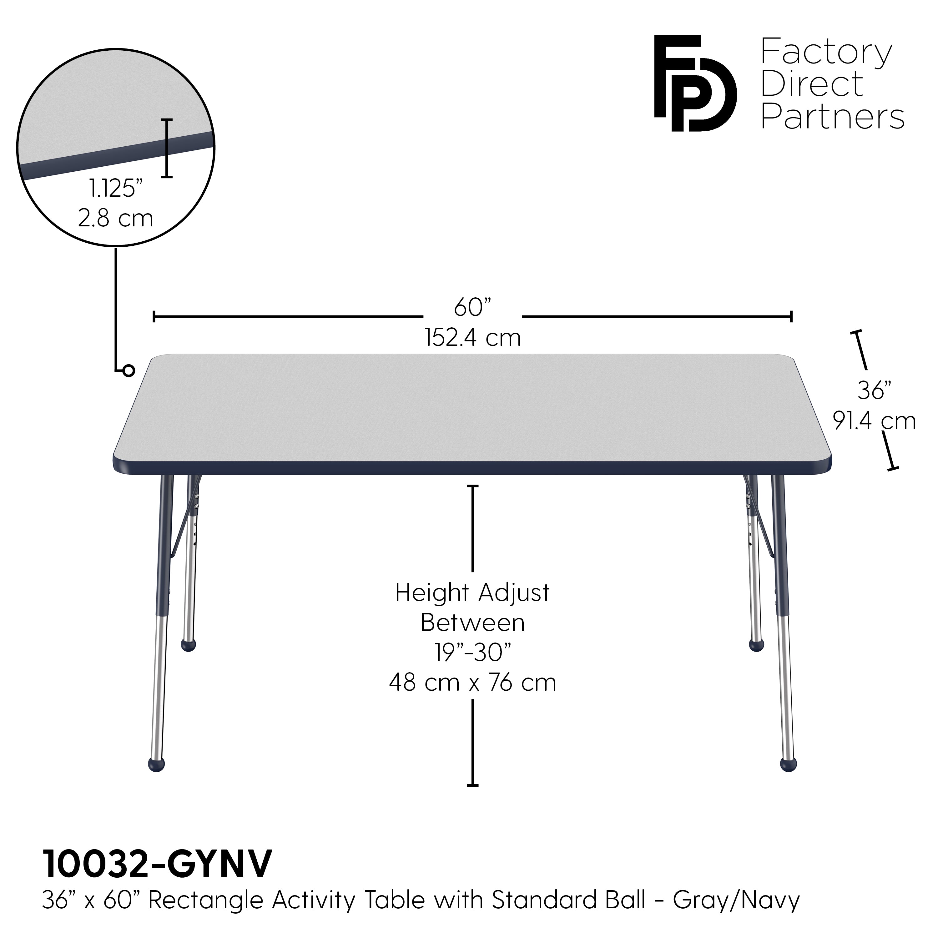 36" x 60" Rectangle T-Molding Activity Table with Adjustable Standard Ball Glide Legs - Gray/Navy