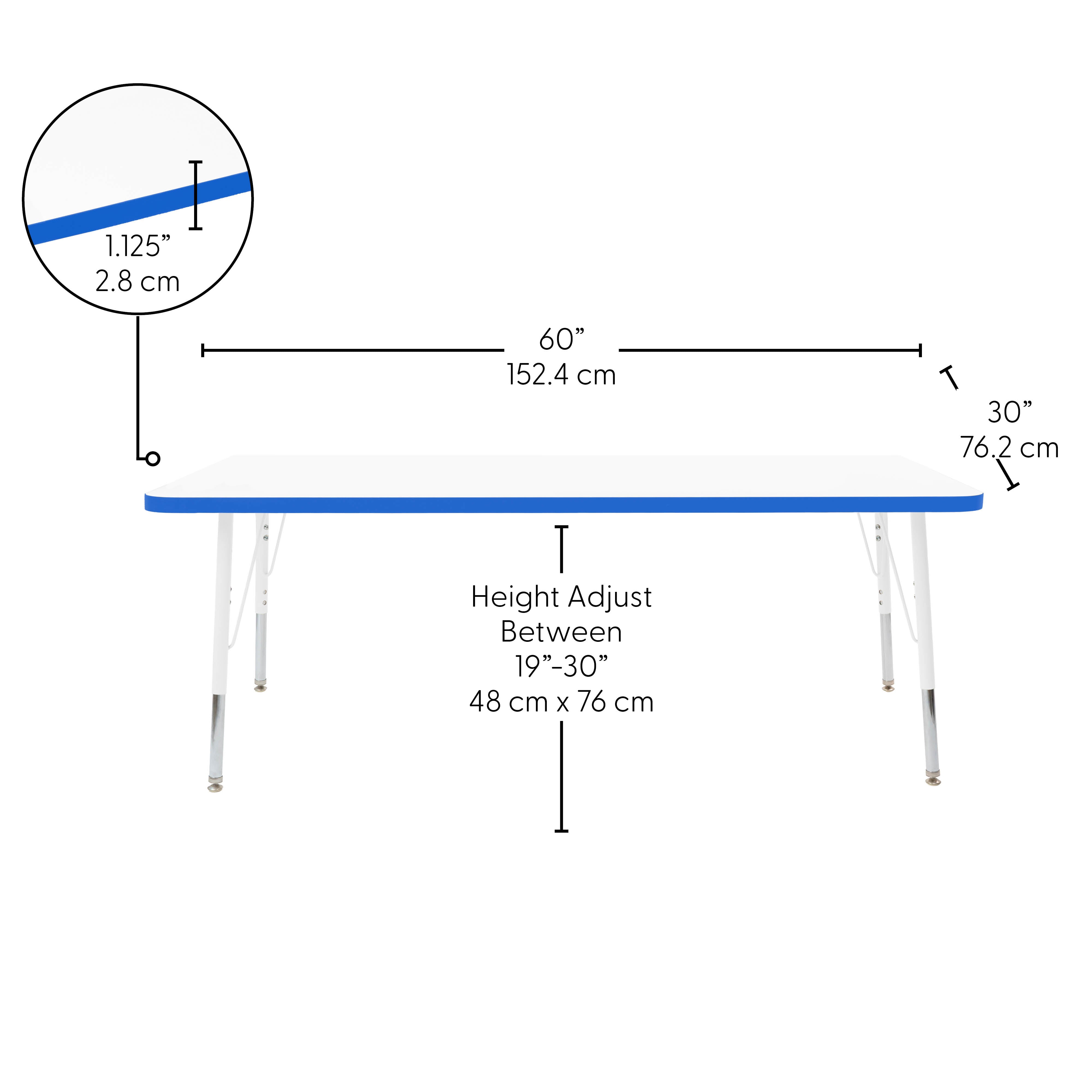 30" x 60" Rectangle Thermofused Activity Table with Adjustable Standard Swivel Glide Legs - White/Blue/White