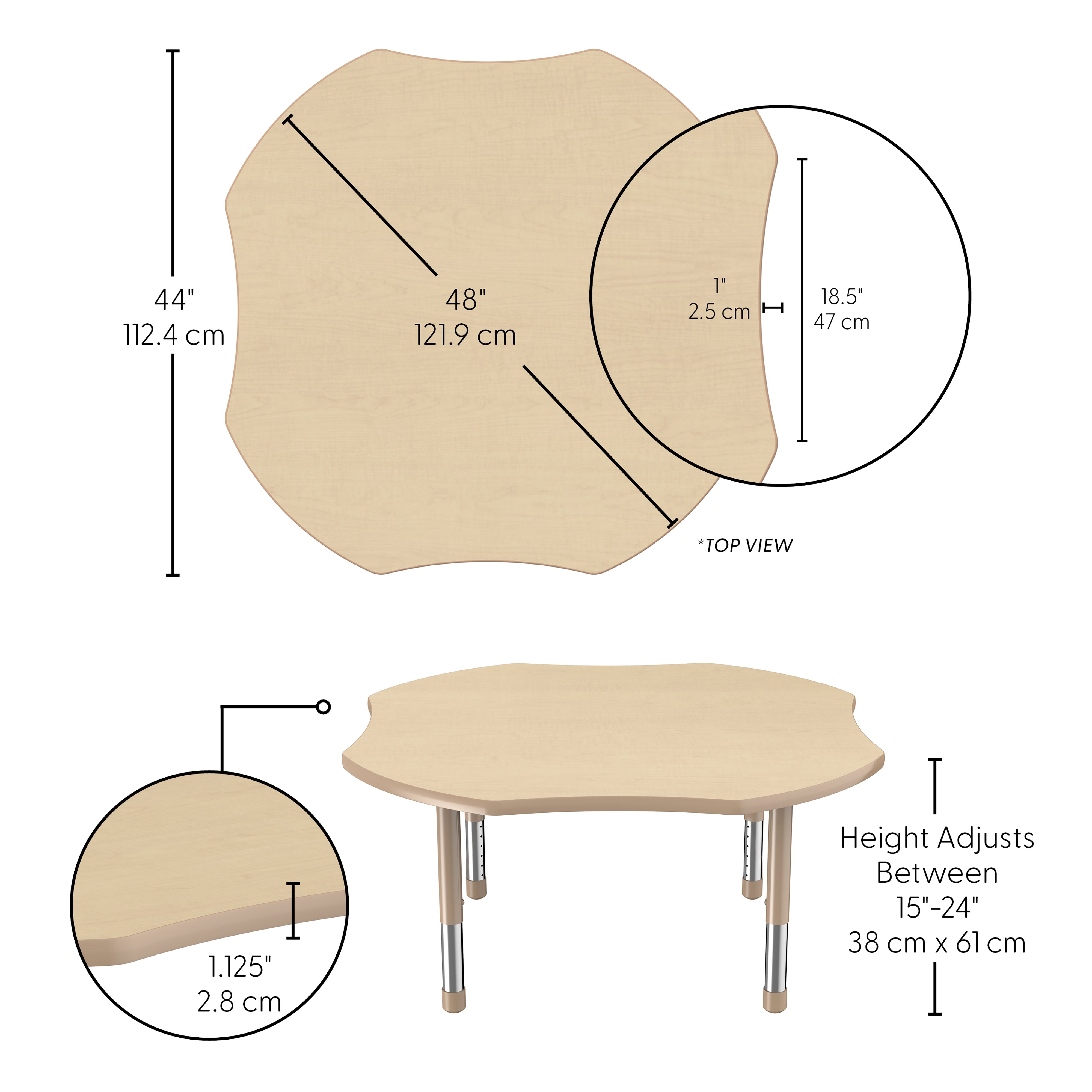 48" x 48" Clover T-Molding Activity Table with Adjustable Chunky Legs - Maple/Sand