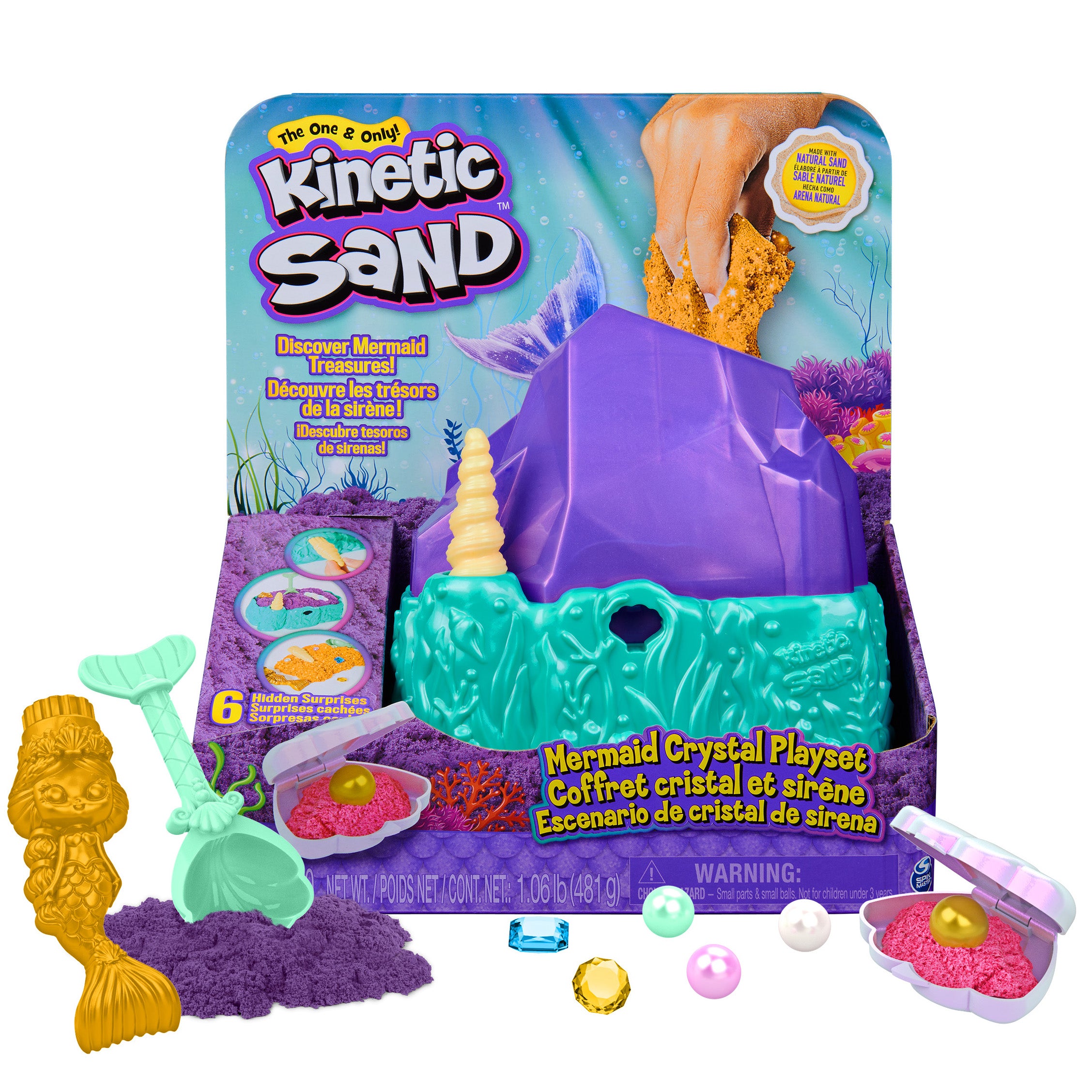 Kinetic Sand, Mermaid Crystal Playset, Over 1lb of Play Sand, Gold Shimmer Sand, Storage and Tools, Sensory Toys for Kids Ages 3 and up