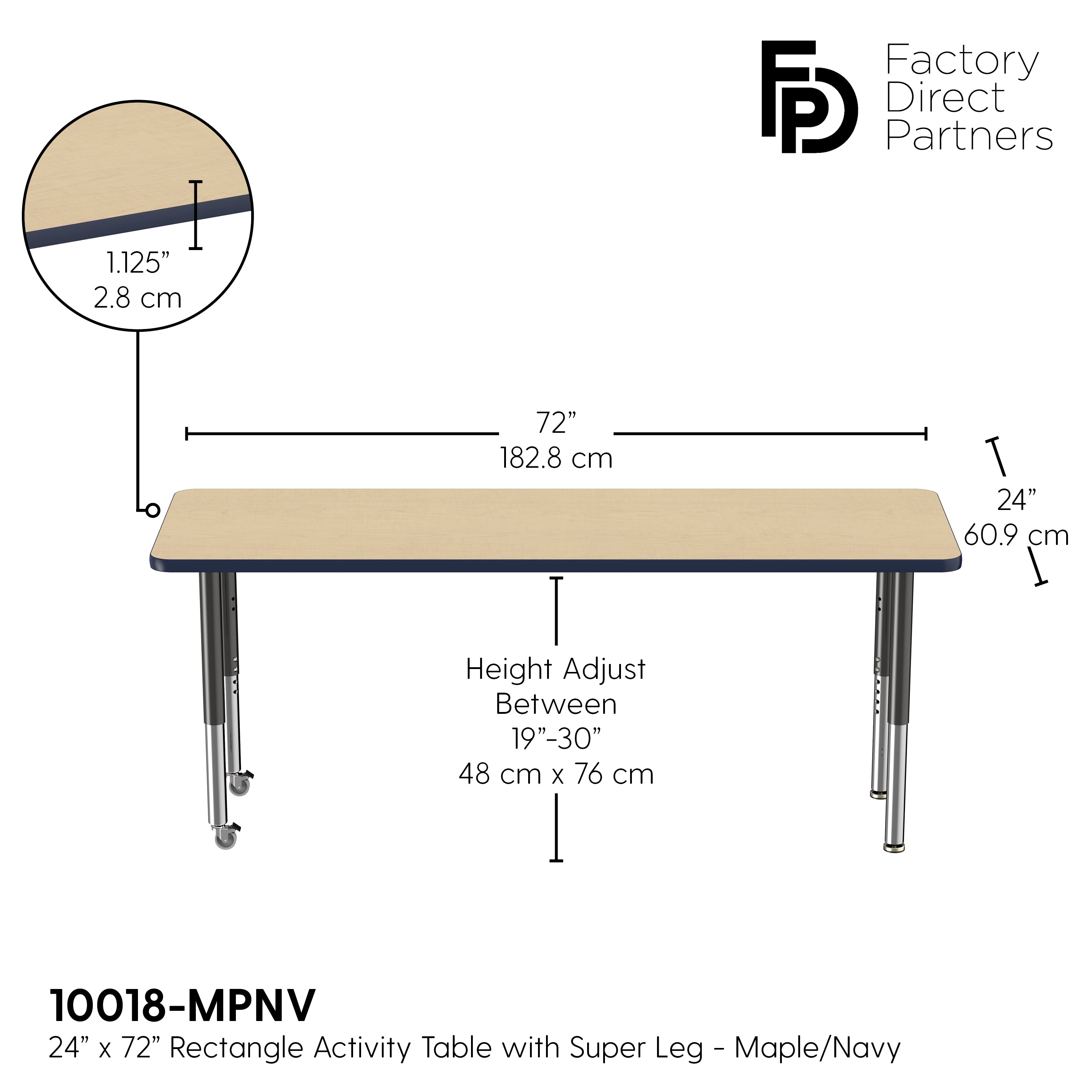 24" x 72" Rectangle T-Molding Activity Table with Adjustable Super Legs - Maple/Navy/Black