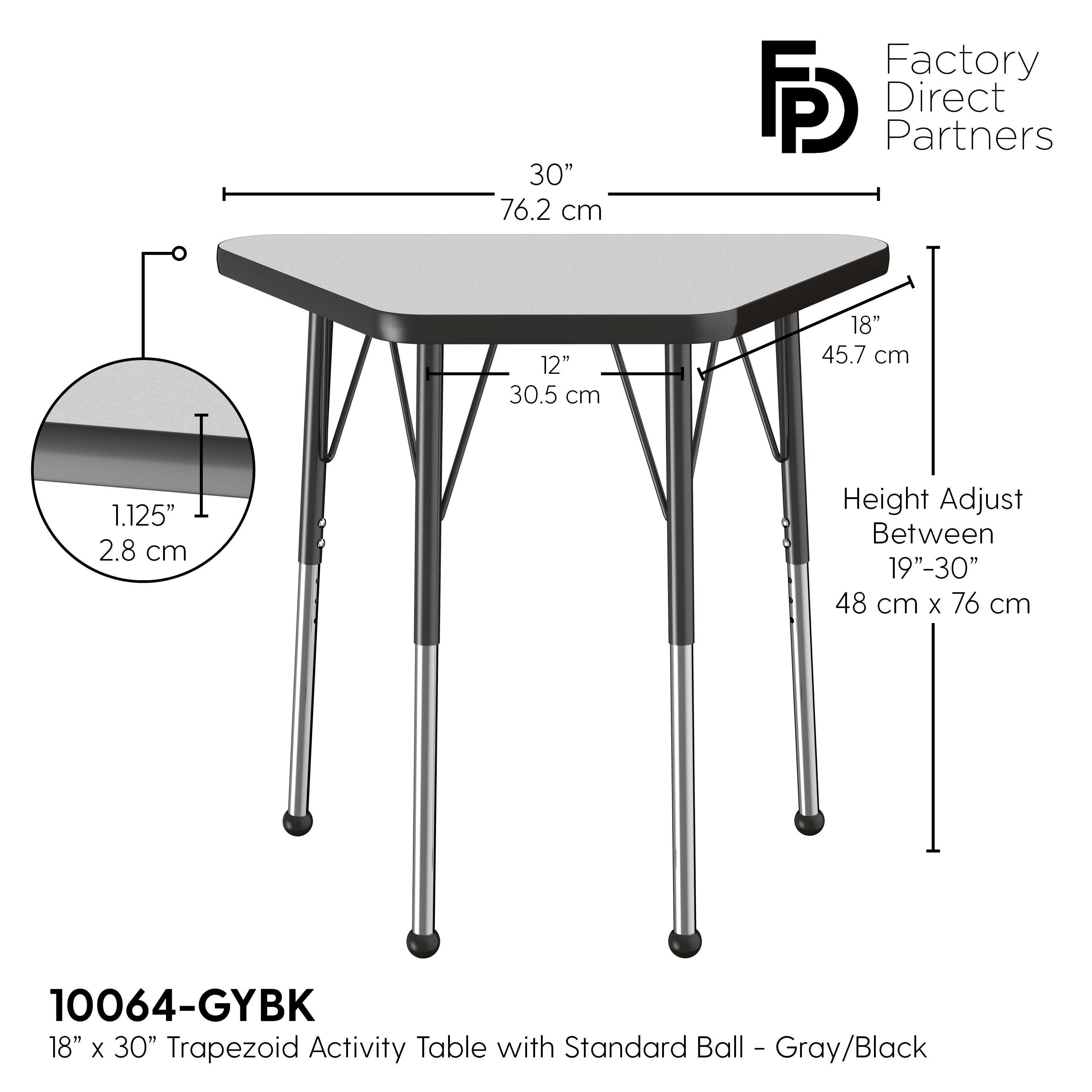 18" x 30" Trapezoid T-Molding Activity Table with Adjustable Standard Ball Glide Legs - Gray/Black