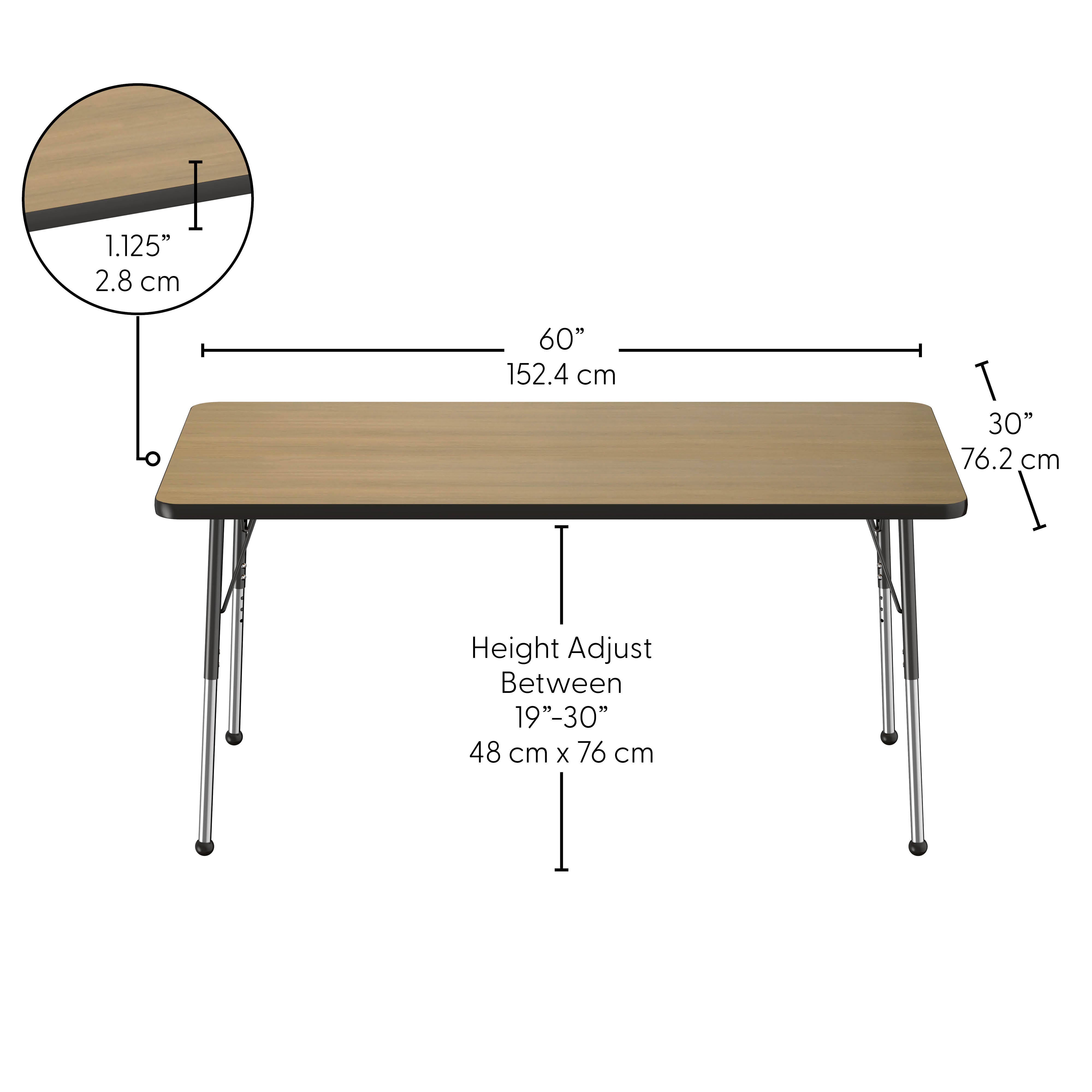30" x 60" Rectangle Thermofused Activity Table with Adjustable Standard Ball Glide Legs - Pasadena Oak/Black