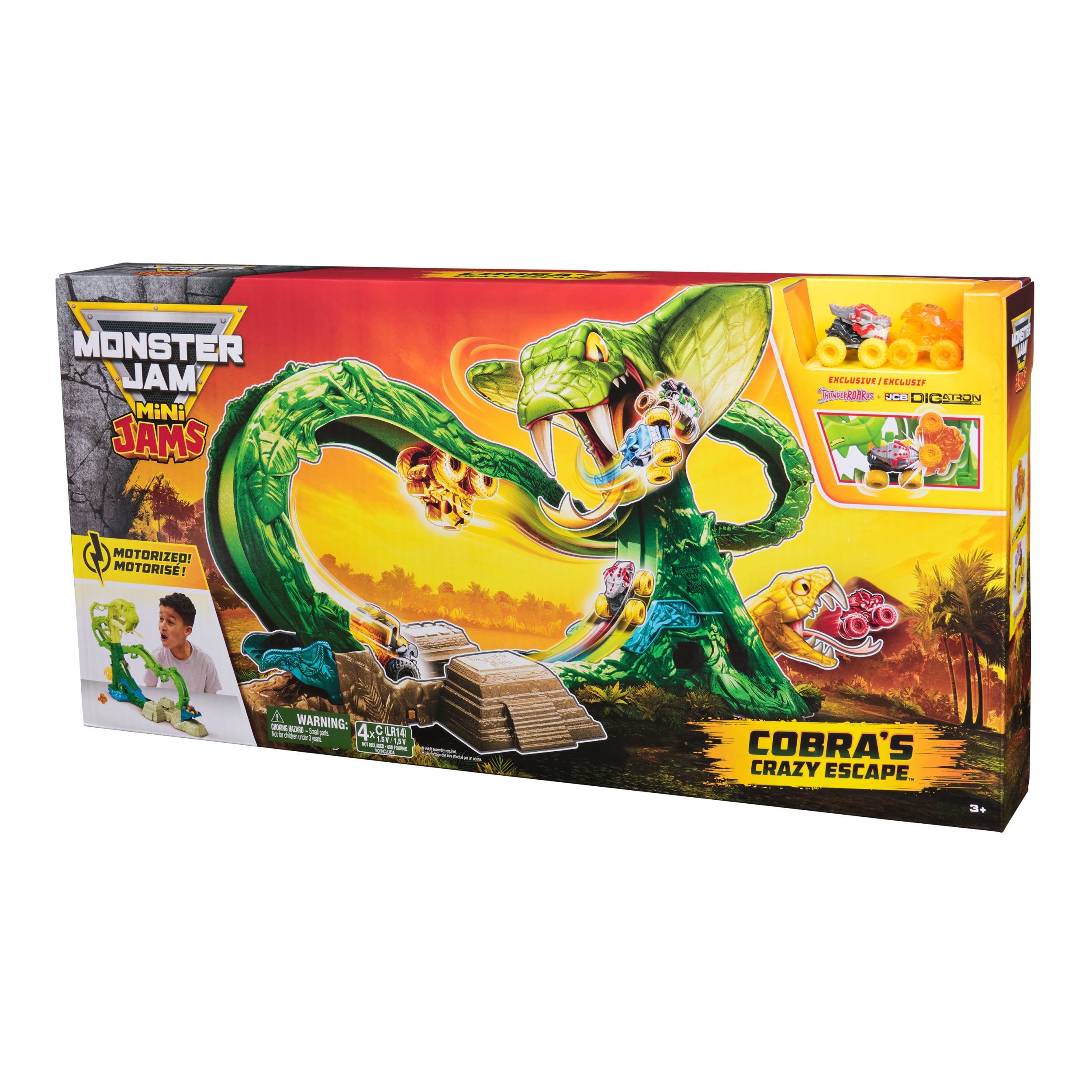 Monster Jam Mini Jams, Cobra’s Crazy Escape 28” Motorized Playset, 2 Exclusive Die-Cast ThunderROARus and JCB Digatron Monster Trucks, Kids Toys for Boy and Girls Ages 3 and up