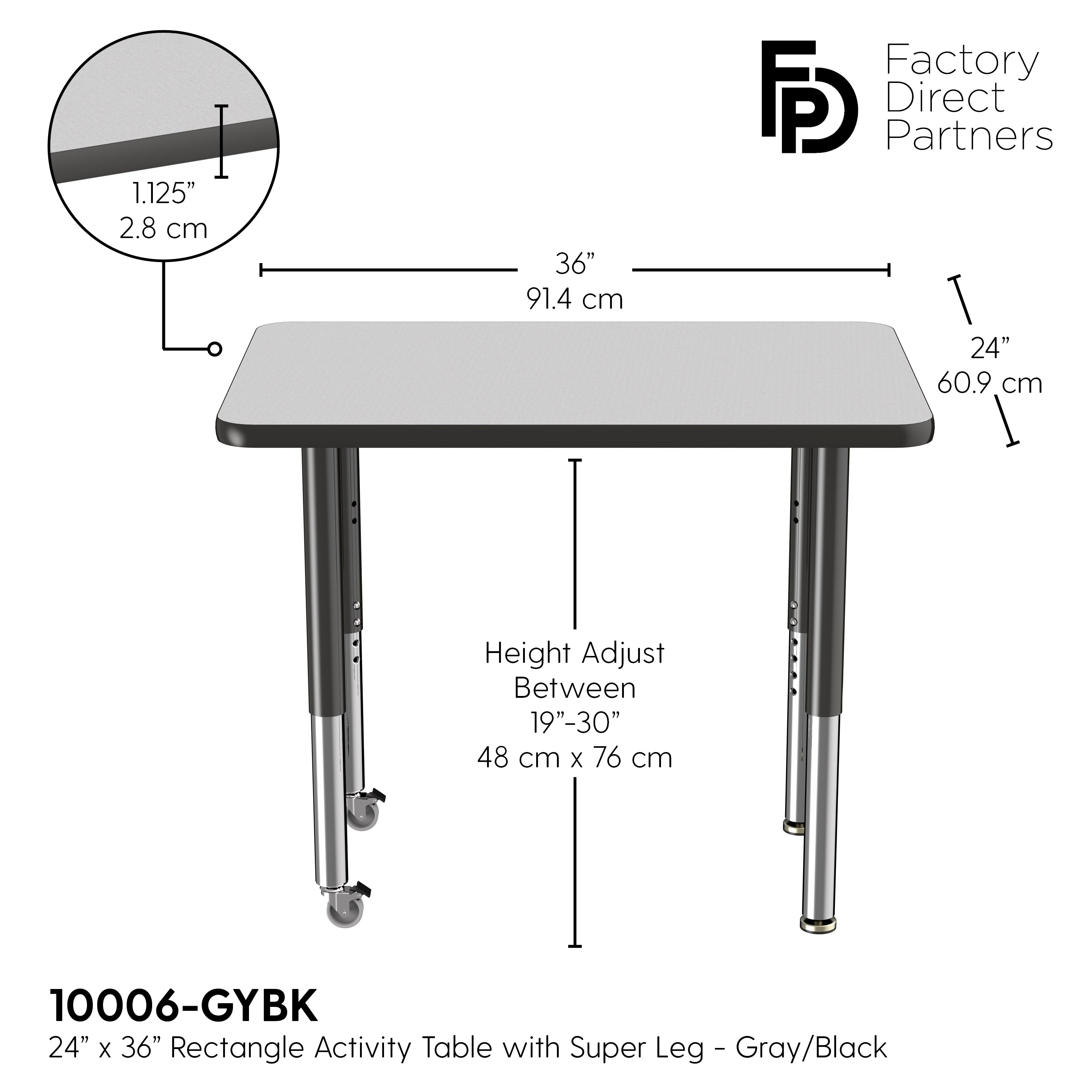 24" x 36" Rectangle T-Molding Activity Table with Adjustable Super Legs - Gray/Black
