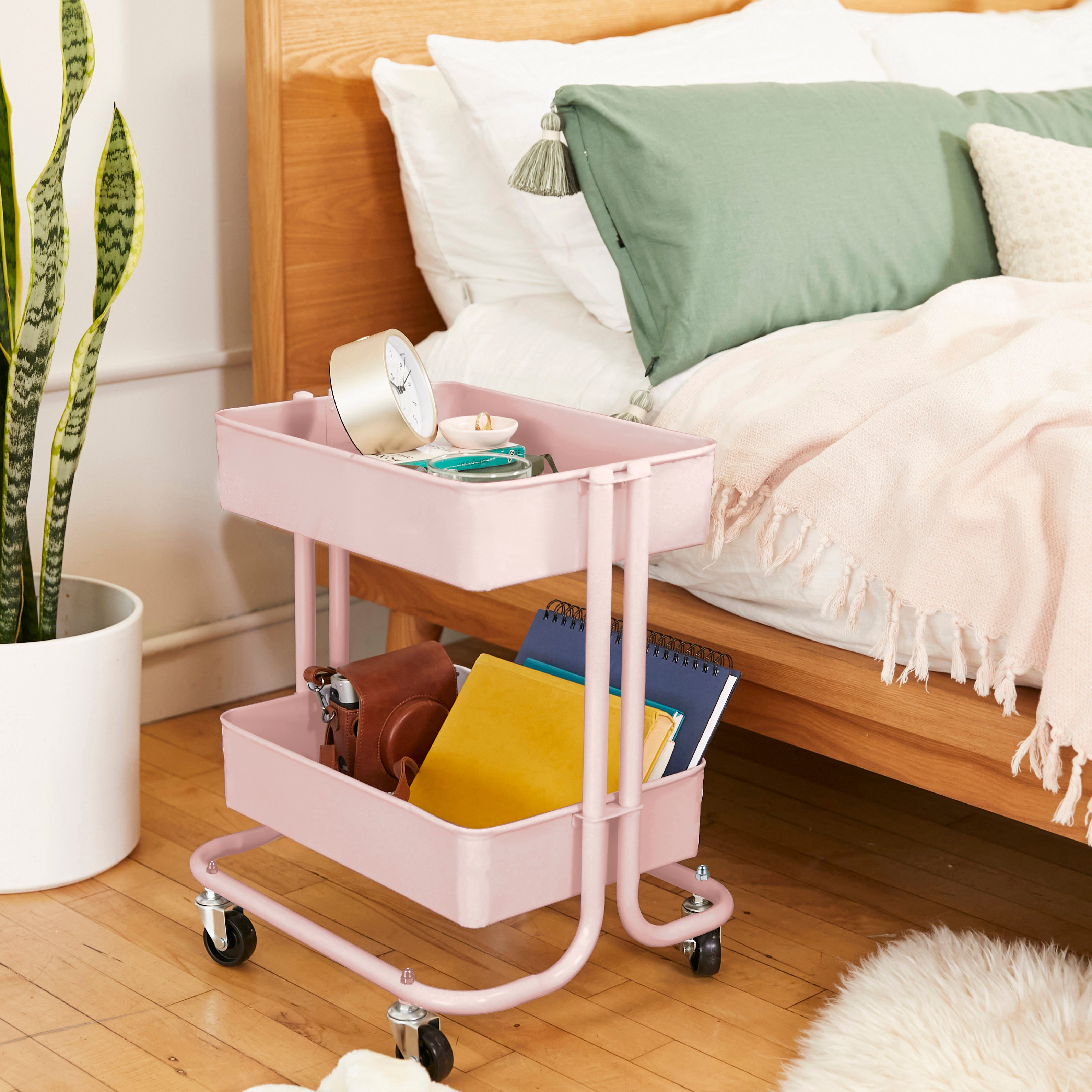 2-Tier Metal Rolling Utility Cart - Pink