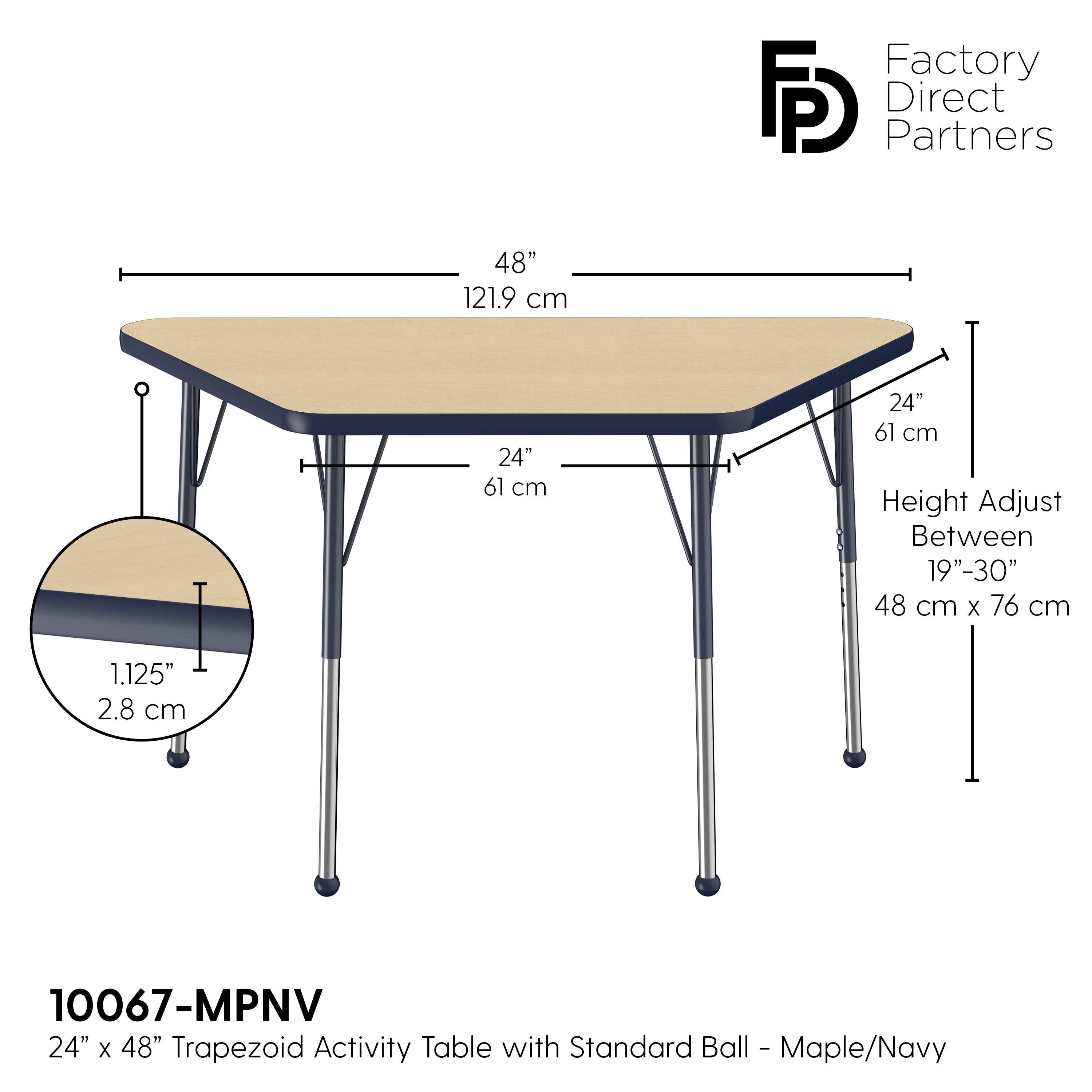 24" x 48" Trapezoid T-Molding Activity Table with Adjustable Standard Ball Glide Legs - Maple/Navy