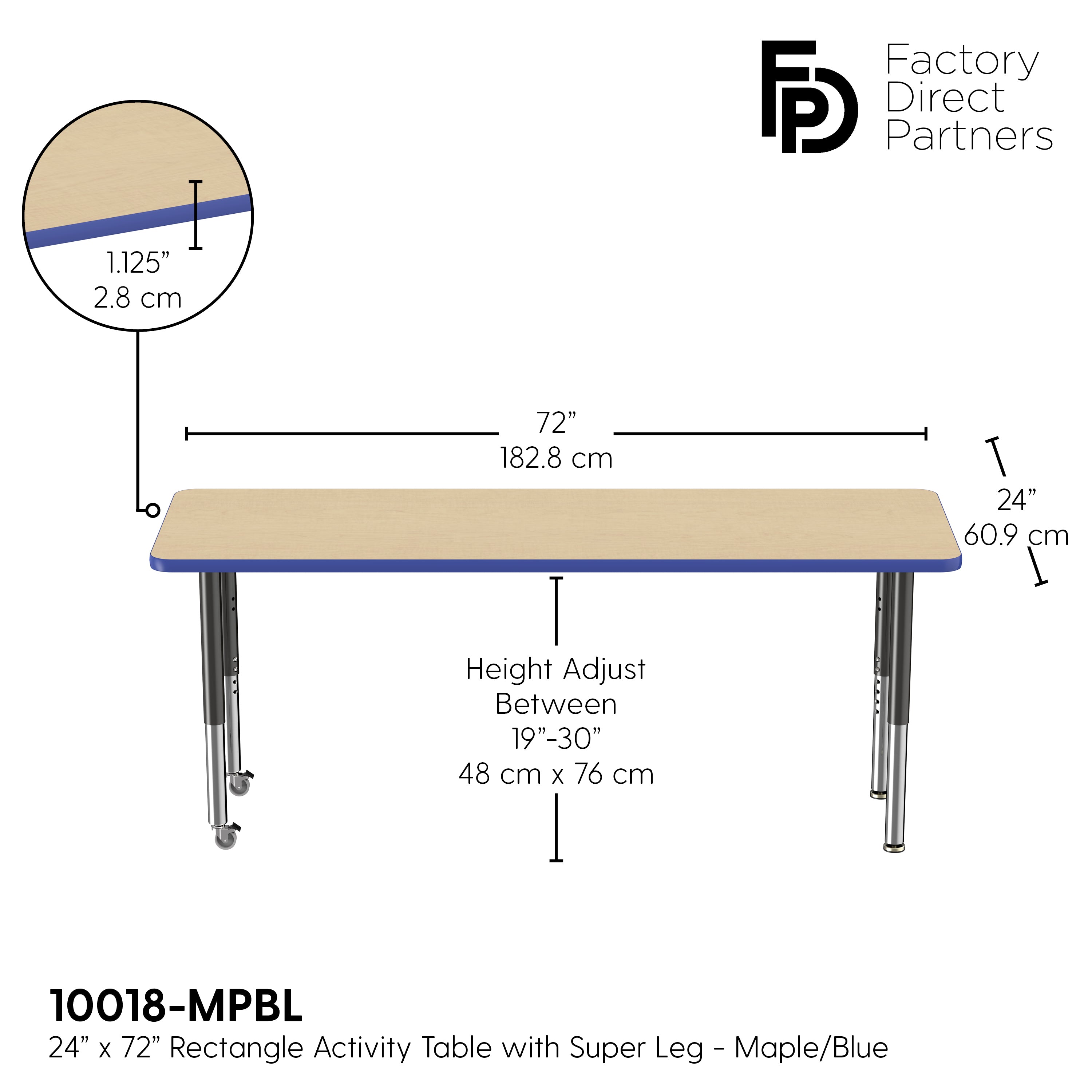 24" x 72" Rectangle T-Molding Activity Table with Adjustable Super Legs - Maple/Blue/Black