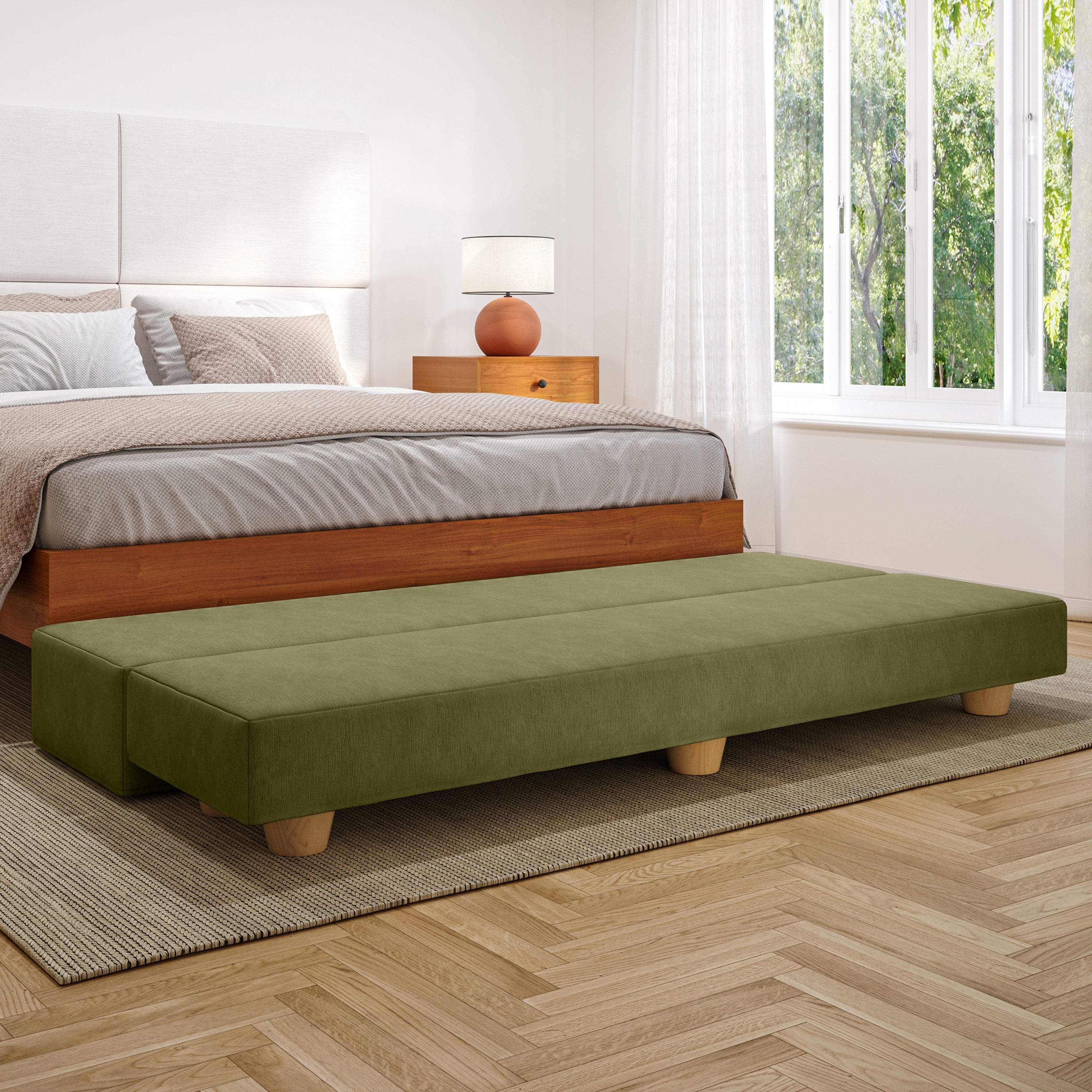 Jaxx Camden Convertible Bed Bench / Fold-Out Twin Guest Bed, Moss