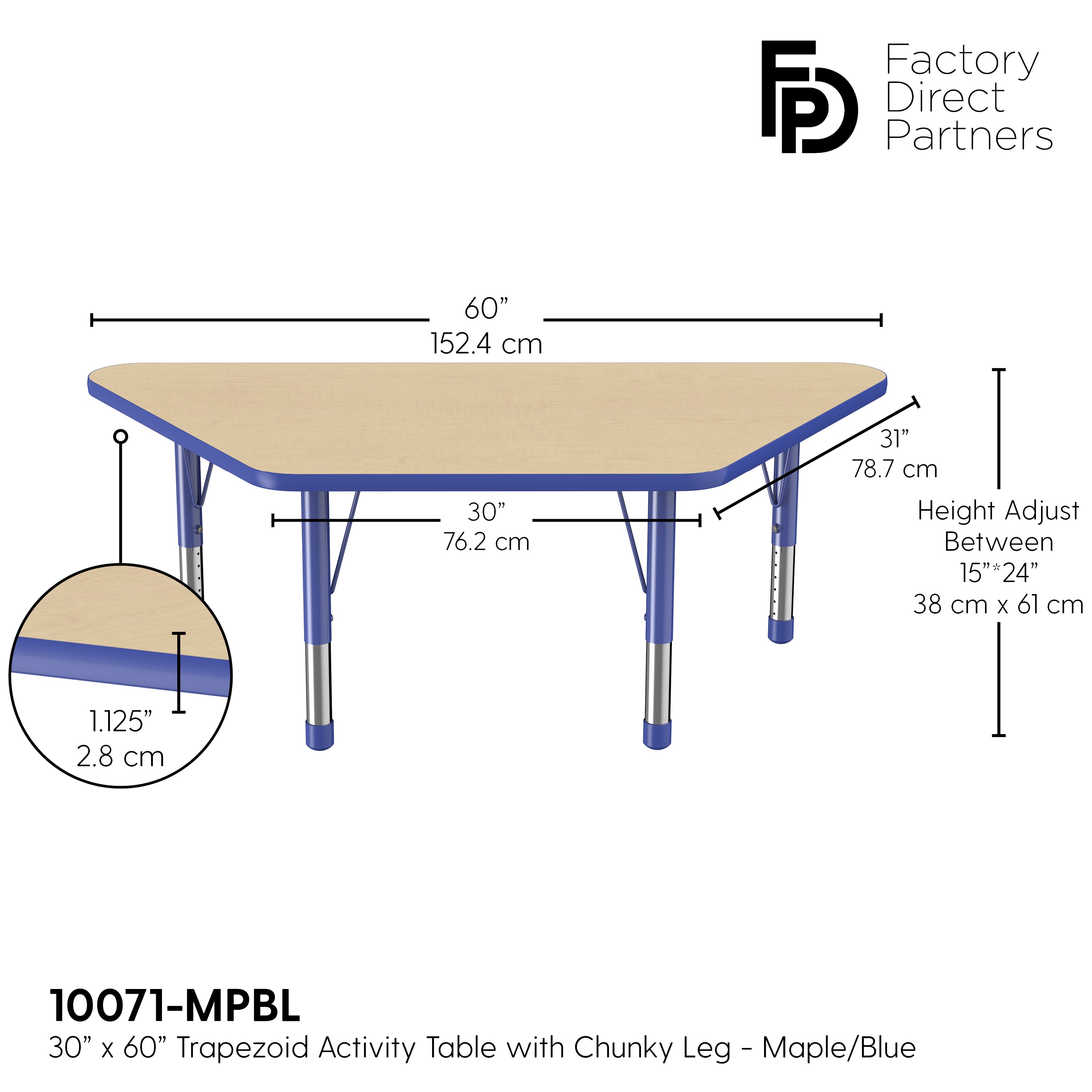 30" x 60" Trapezoid T-Molding Activity Table with Adjustable Chunky Legs - Maple/Blue