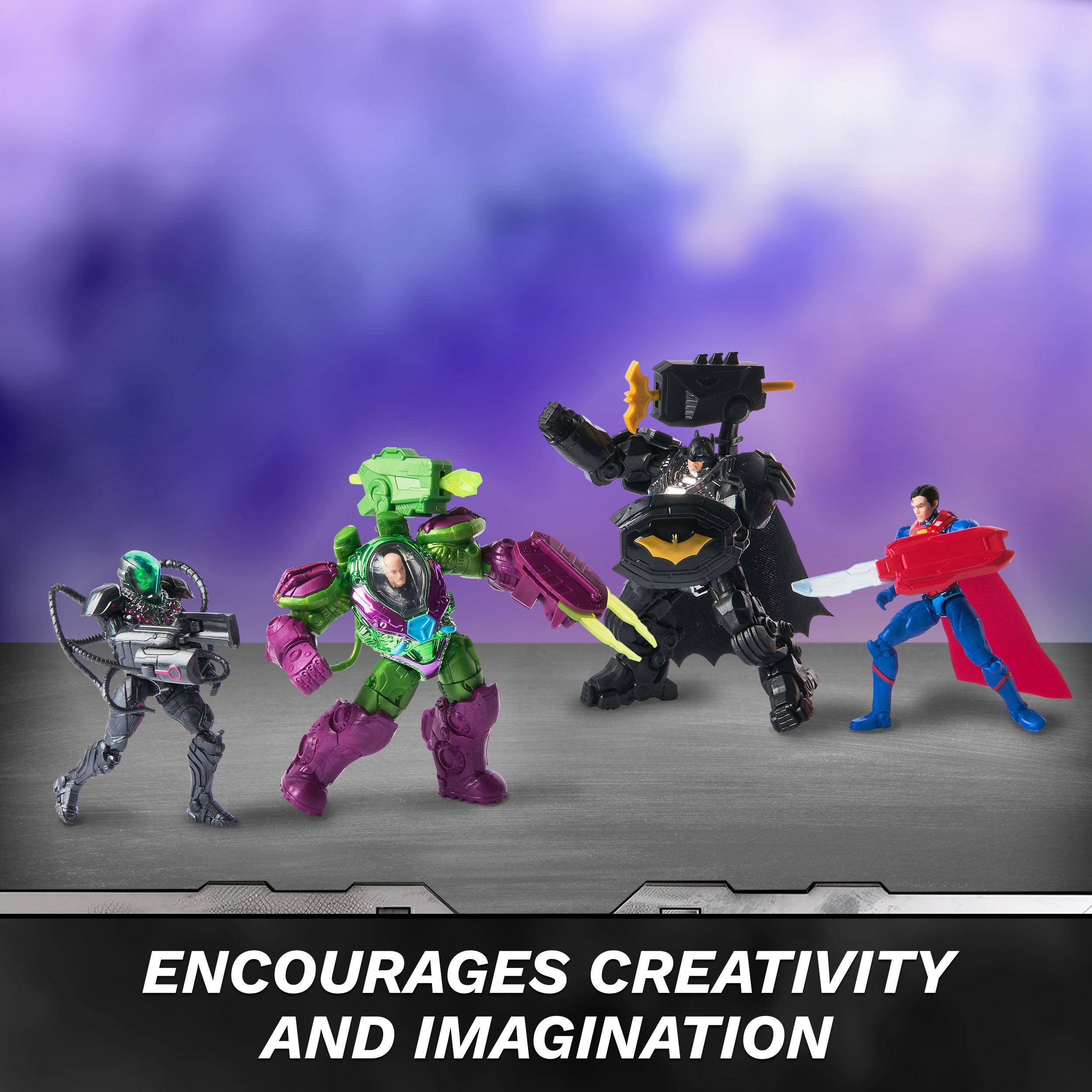 DC Comics, Metal Force Team Up Brainiac and Lex Luthor vs Batman and Superman Set, 4-Inch Action Figures with Exclusive Accessories, Includes Character Cards, Kids Toys of Boys Ages 4 and Up