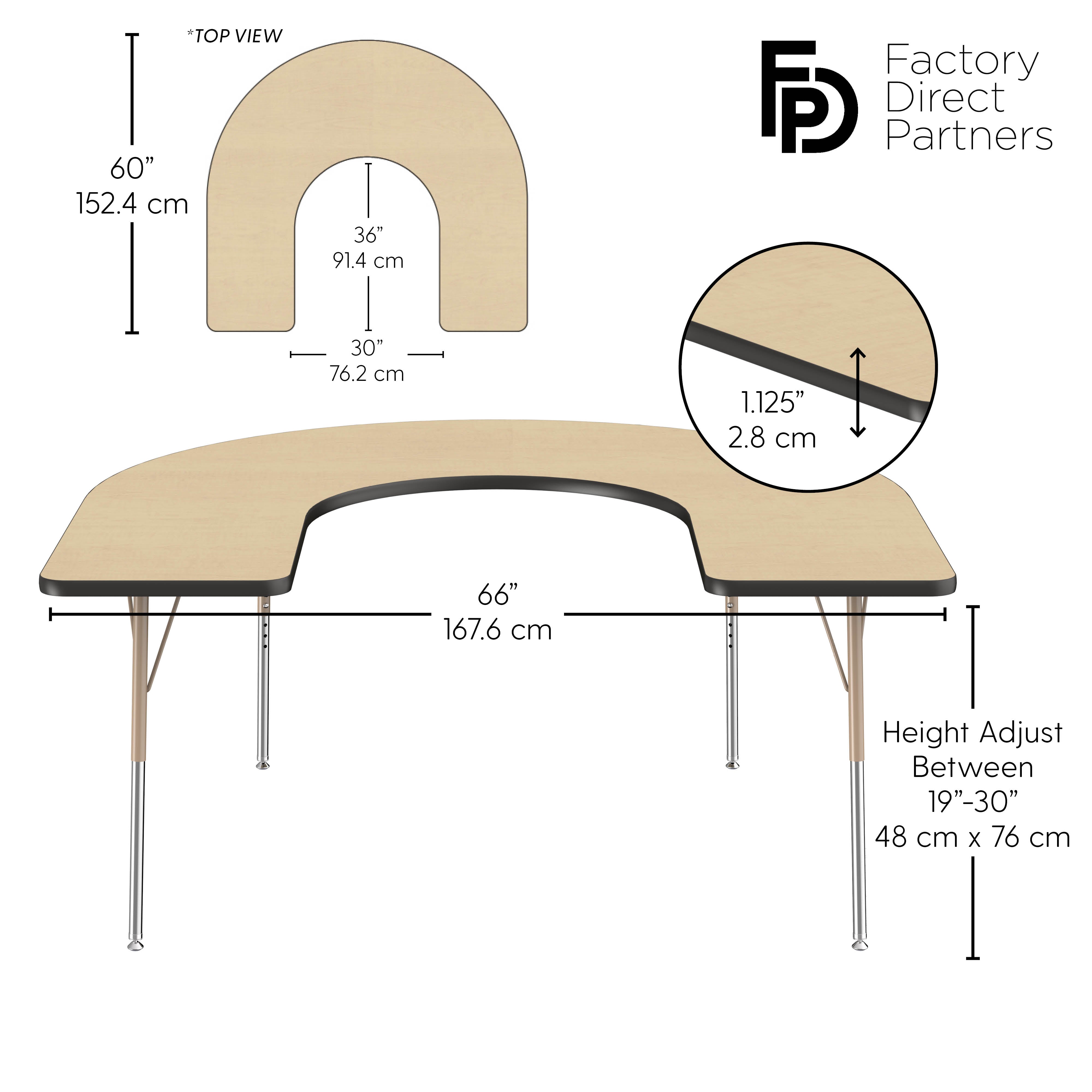 60" x 66" Horseshoe T-Molding Activity Table with Adjustable Standard Swivel Glide Legs - Maple/Black/Sand