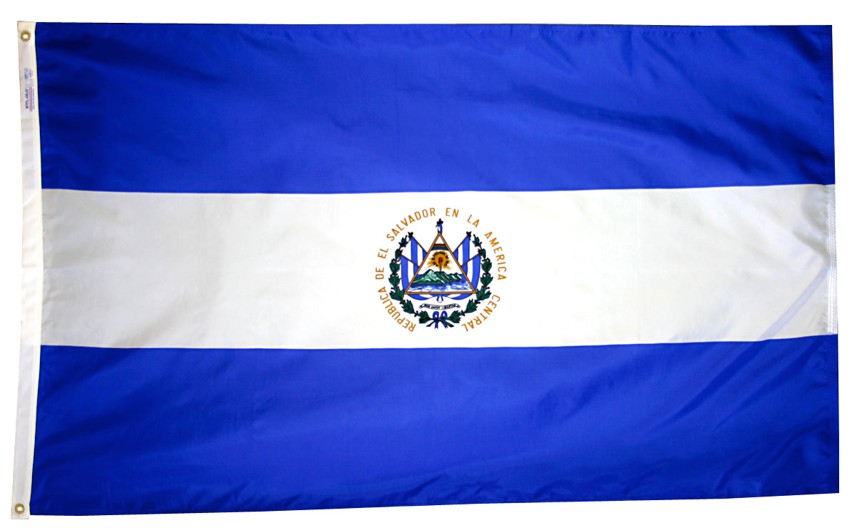 El Salvador Flag 5x8 ft. Nylon SolarGuard Nyl-Glo 100% Made in USA to Official United Nations Design Specifications.