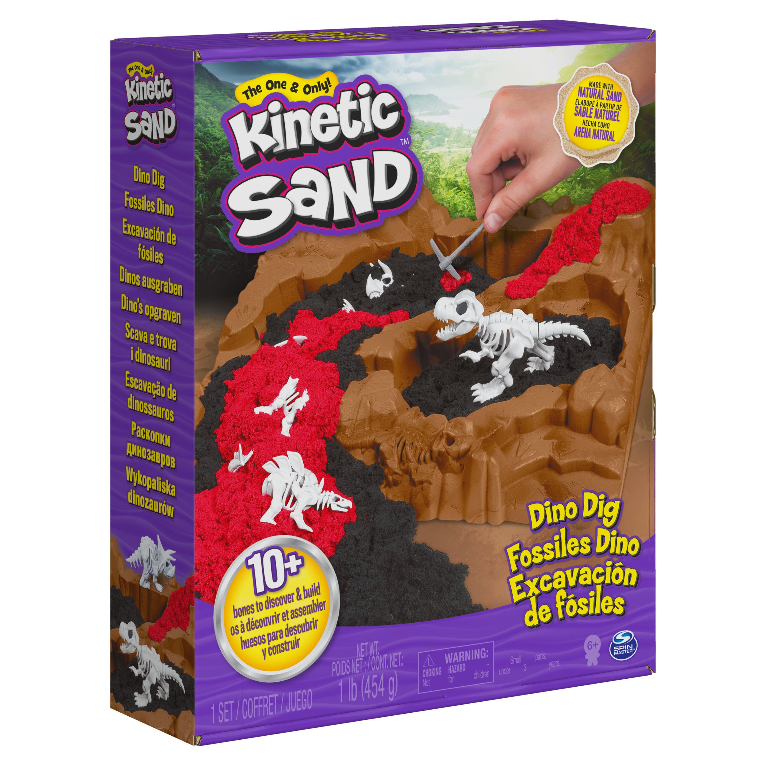 Kinetic Sand, Dino Dig Playset with 10 Hidden Dinosaur Bones, Play Sand Sensory Toys for Kids Aged 6 and up