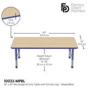 36" x 60" Rectangle T-Molding Activity Table with Adjustable Chunky Legs - Maple/Blue