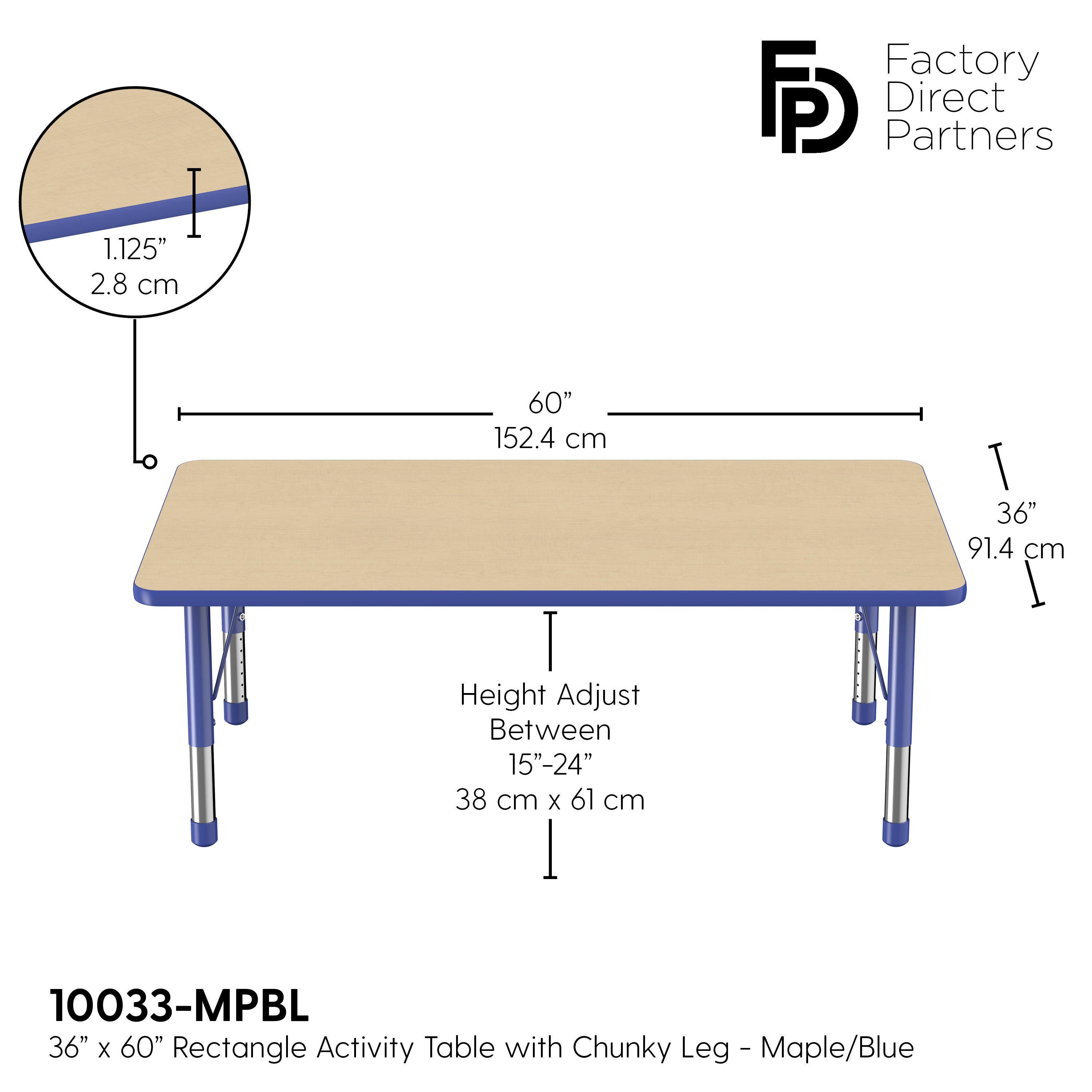 36" x 60" Rectangle T-Molding Activity Table with Adjustable Chunky Legs - Maple/Blue