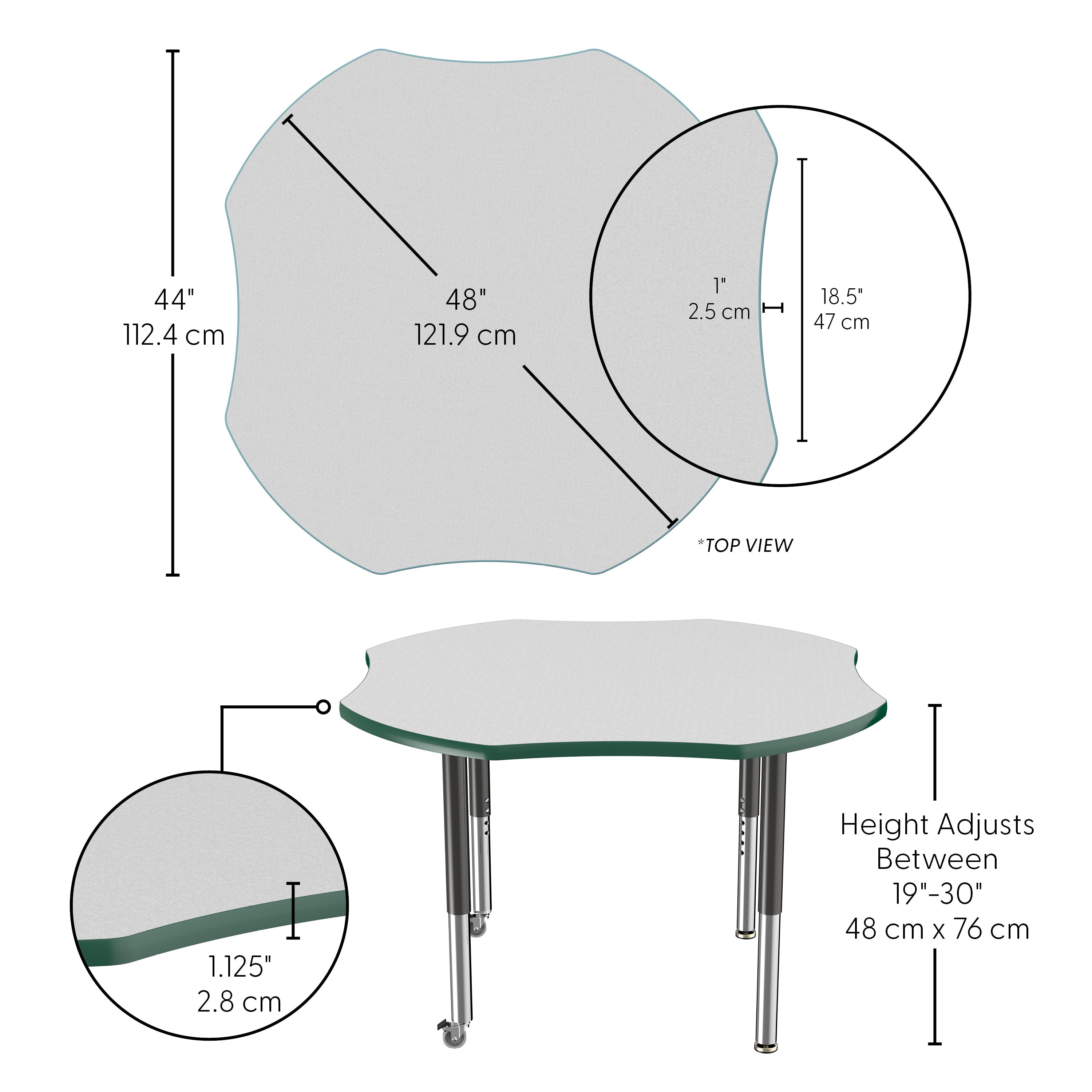48" x 48" Clover T-Molding Activity Table with Adjustable Super Legs - Gray/Green/Black