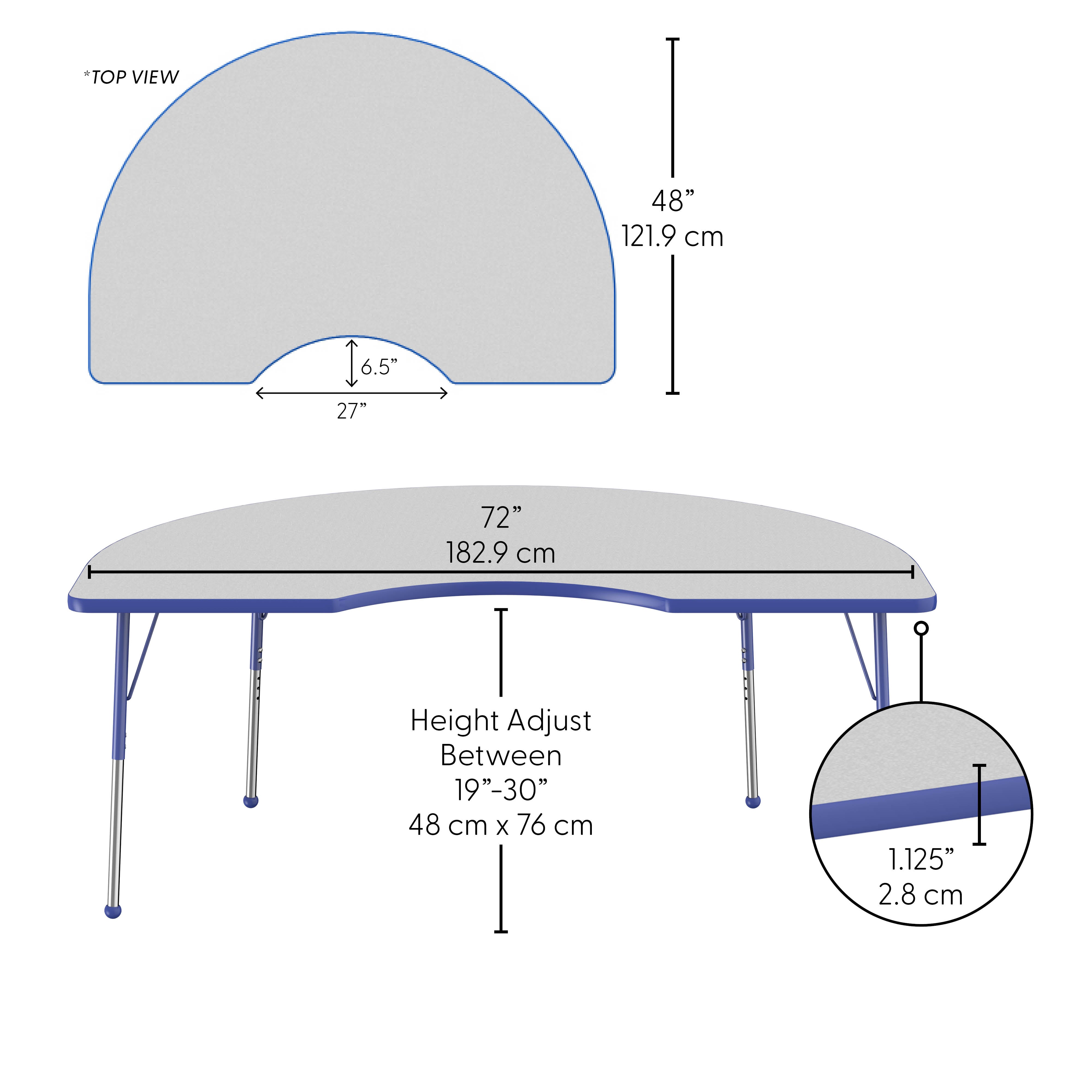 48" x 72" Kidney Thermofused Activity Table with Adjustable Standard Ball Glide Legs - Gray/Blue