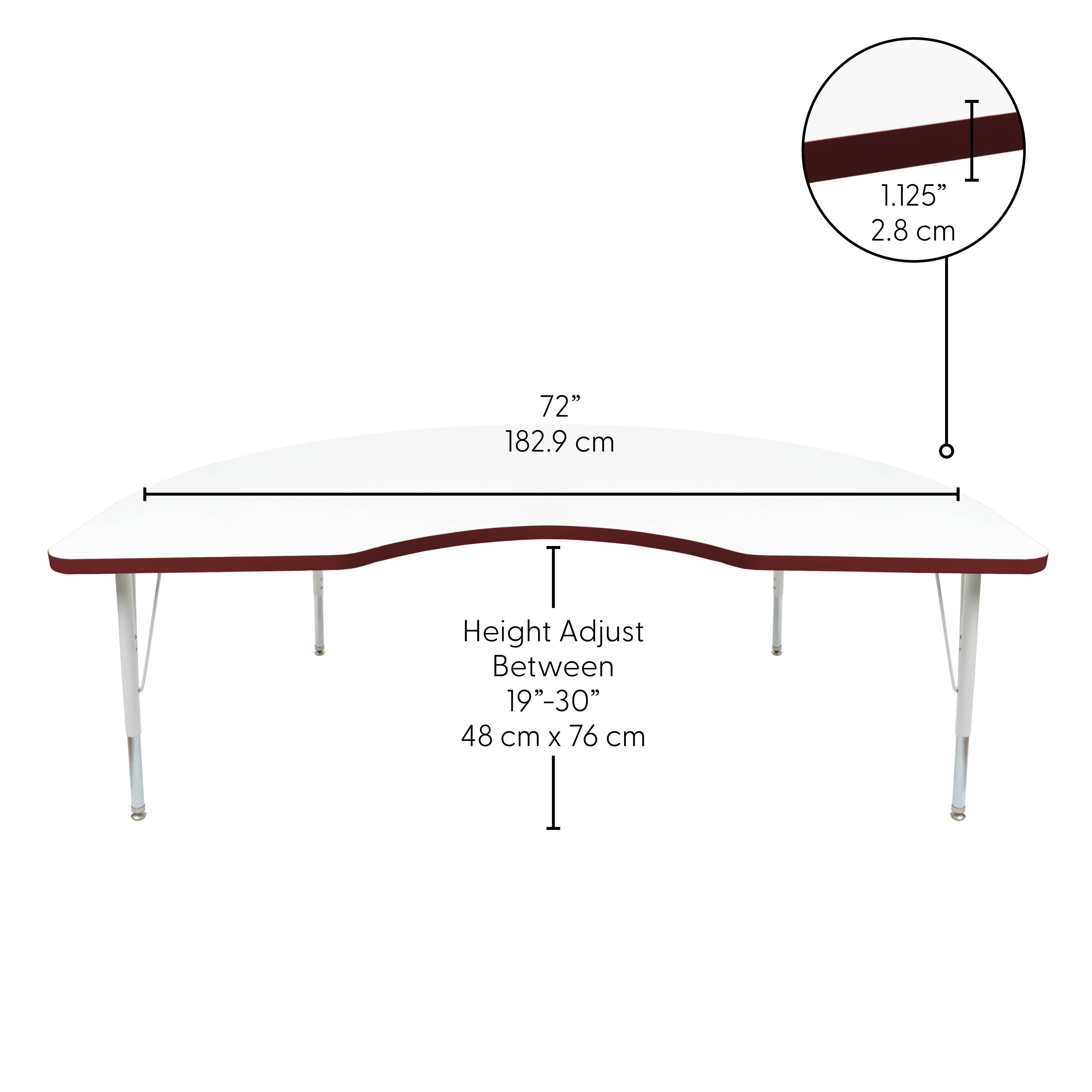 48" x 72" Kidney Thermofused Activity Table with Adjustable Standard Swivel Glide Legs - White/Burgundy/White
