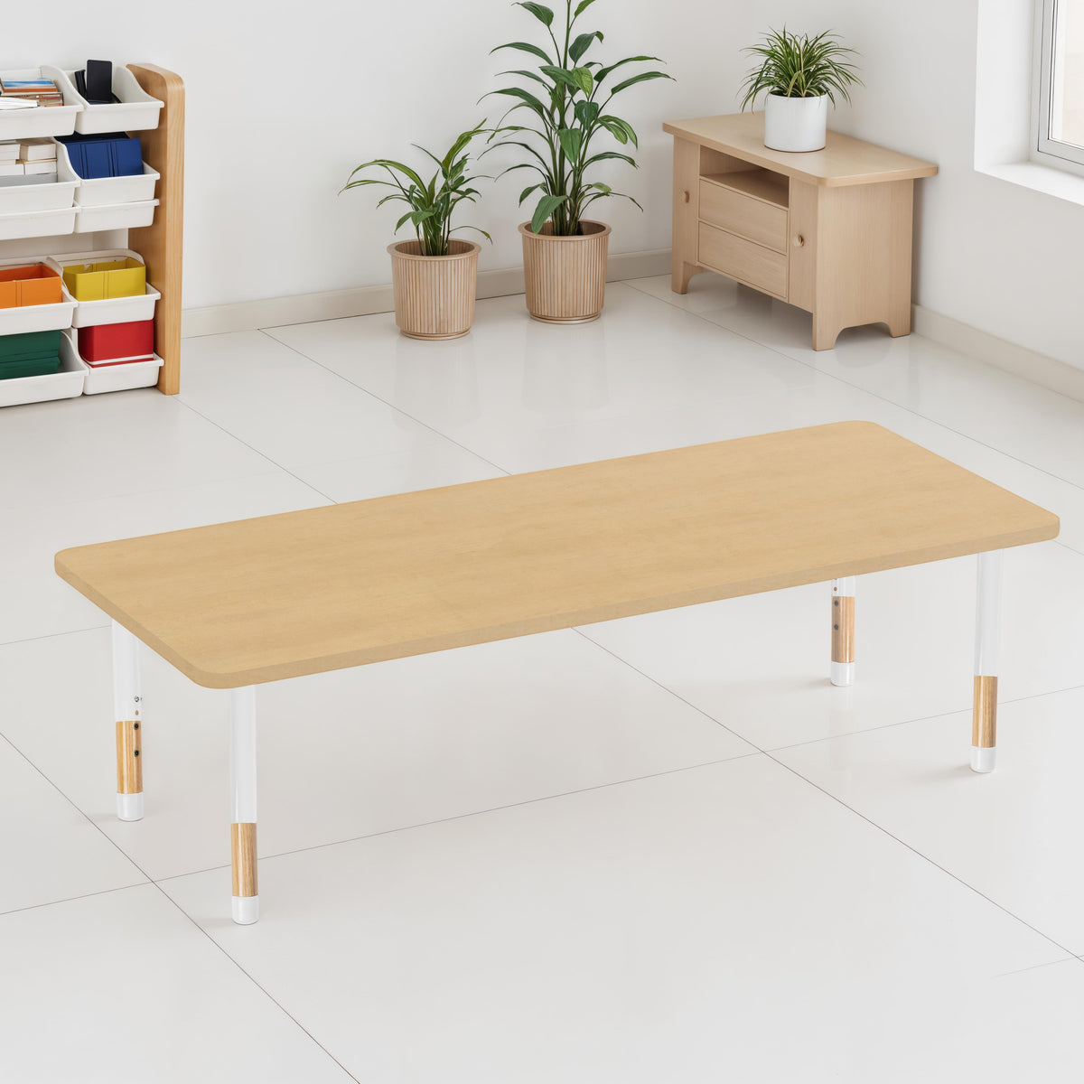 30" x 72" Rectangle Thermofused Activity Table with Adjustable Chunky Wood Legs - Maple Grain/White/Natural