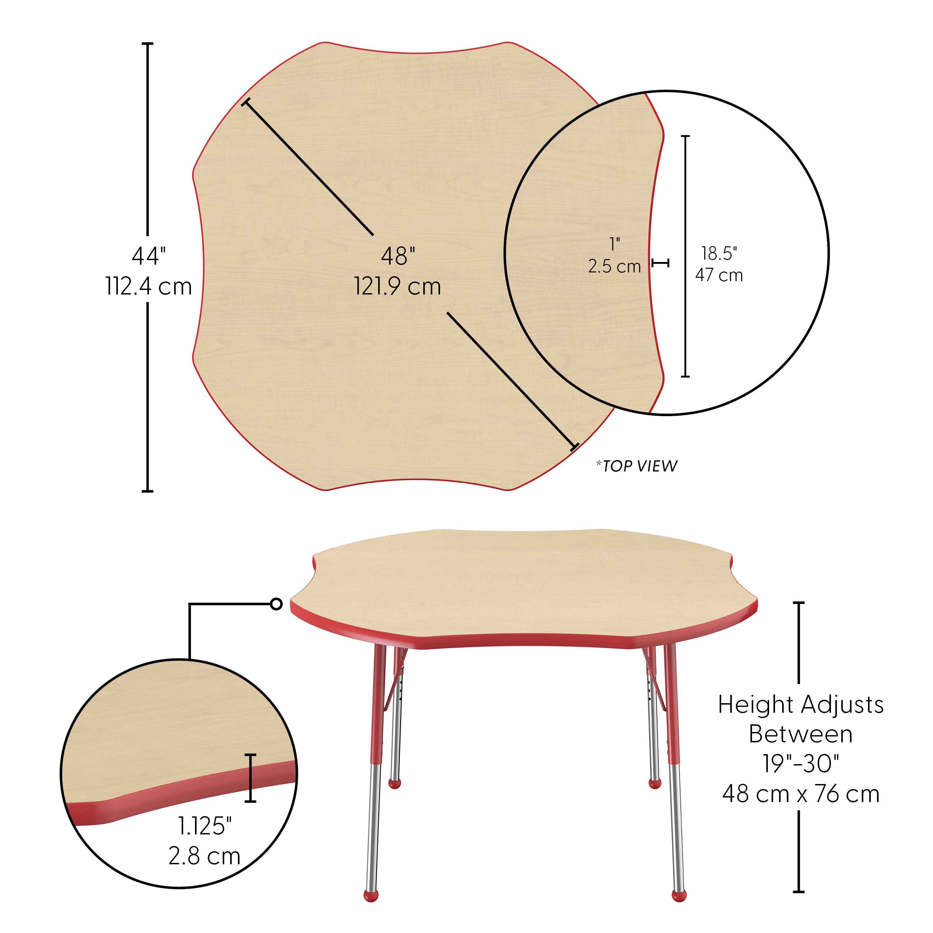 48" x 48" Clover T-Molding Activity Table with Adjustable Standard Ball Glide Legs - Maple/Red