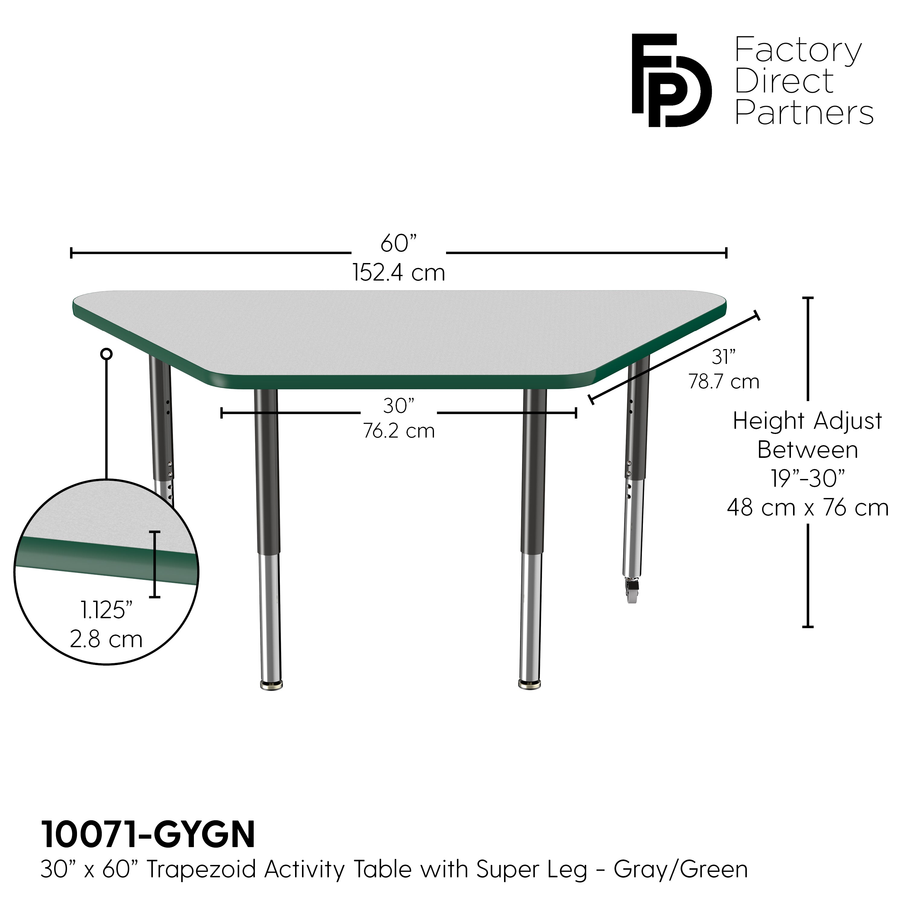 30" x 60" Trapezoid T-Molding Activity Table with Adjustable Super Legs - Gray/Green/Black