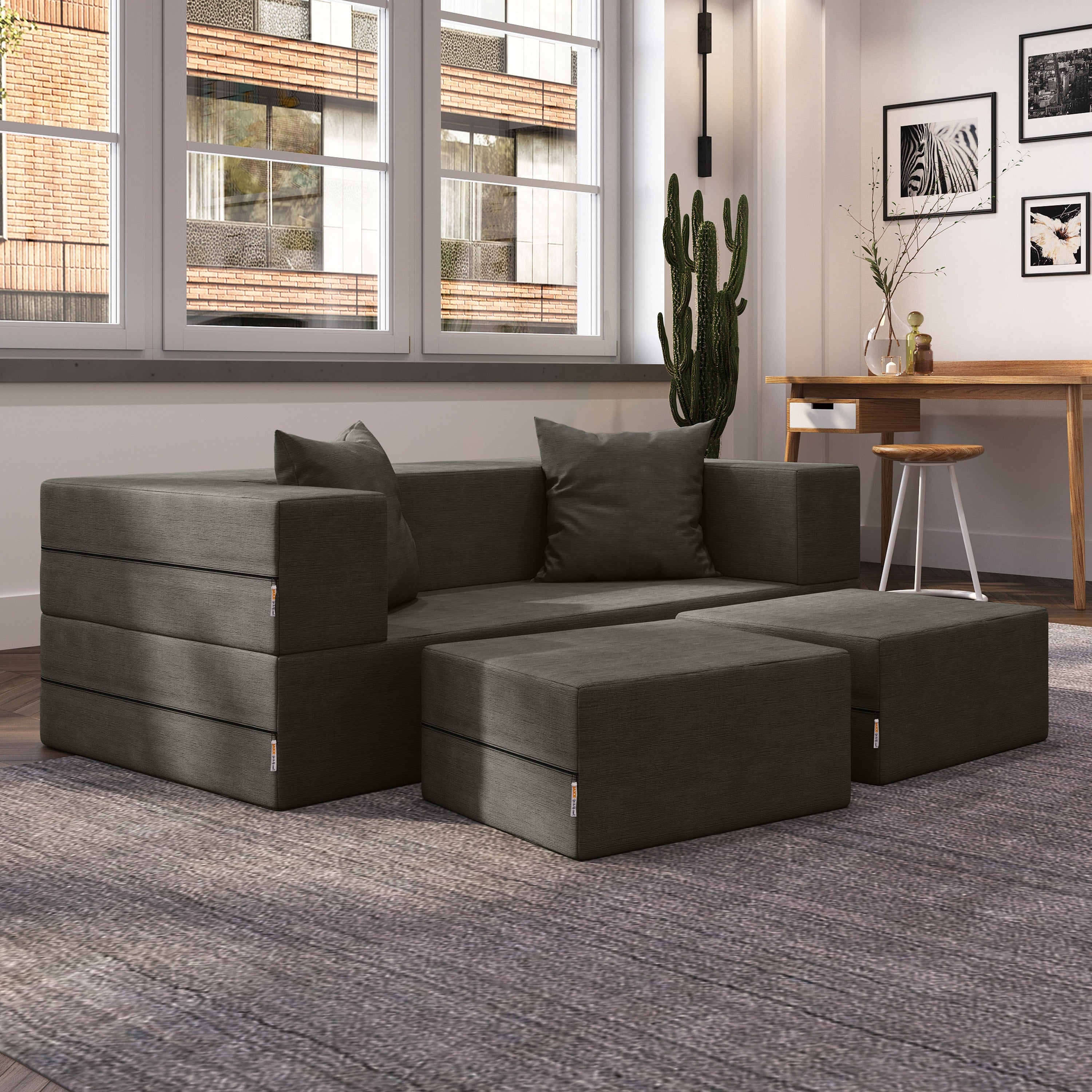 Jaxx Zipline Convertible Sleeper Loveseat & Ottomans, Textured Microvelvet - Charcoal