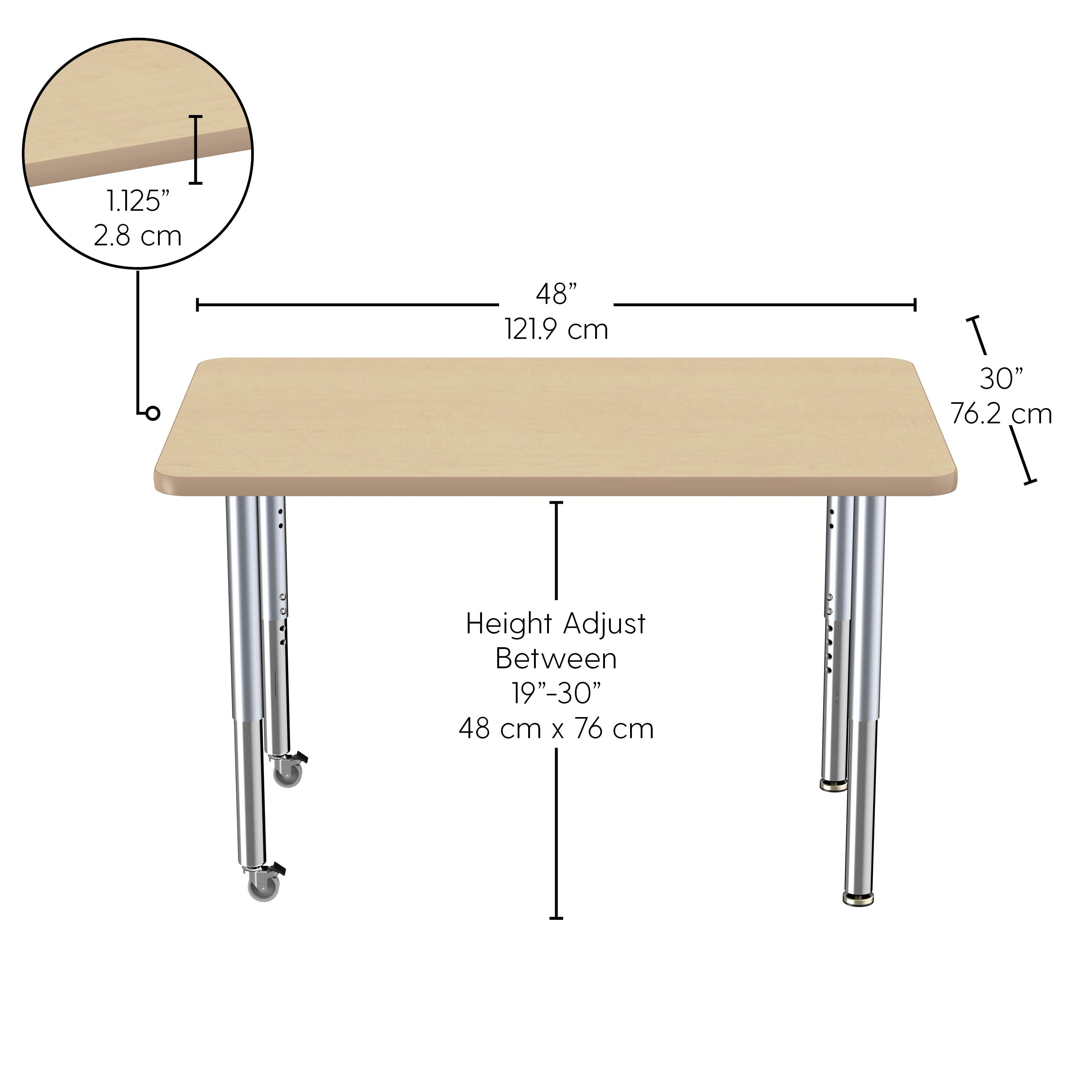 30" x 48" Rectangle T-Molding Activity Table with Adjustable Super Legs - Maple/Maple/Silver