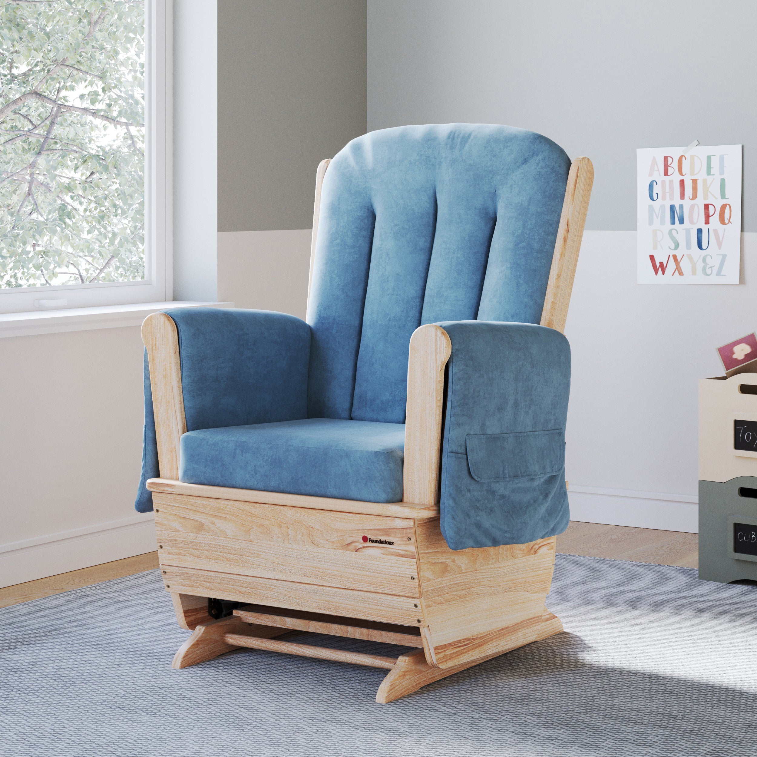 Safe Rocker Glider with Std. Base and Blue Microfiber Cushions