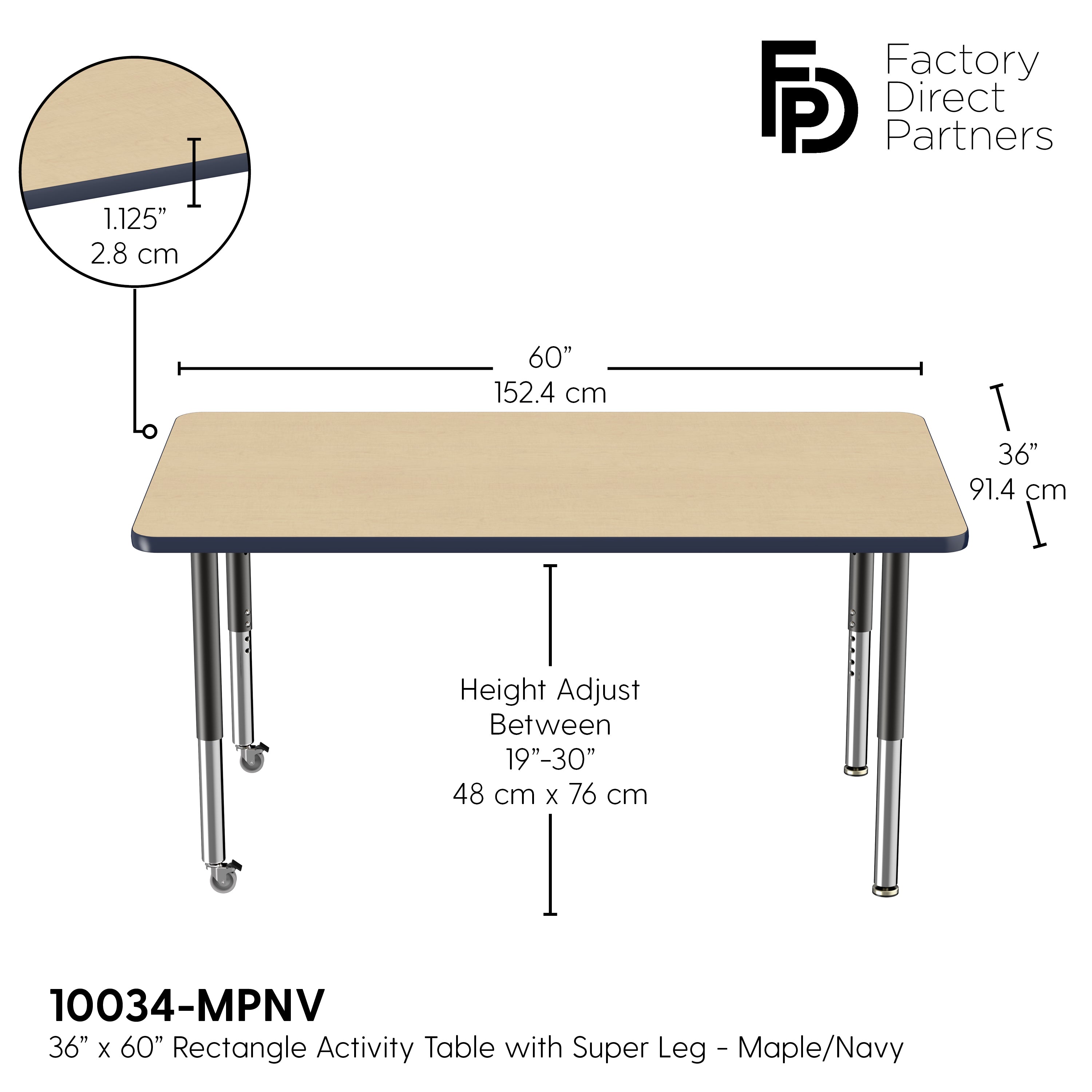 36" x 60" Rectangle T-Molding Activity Table with Adjustable Super Legs - Maple/Navy/Black