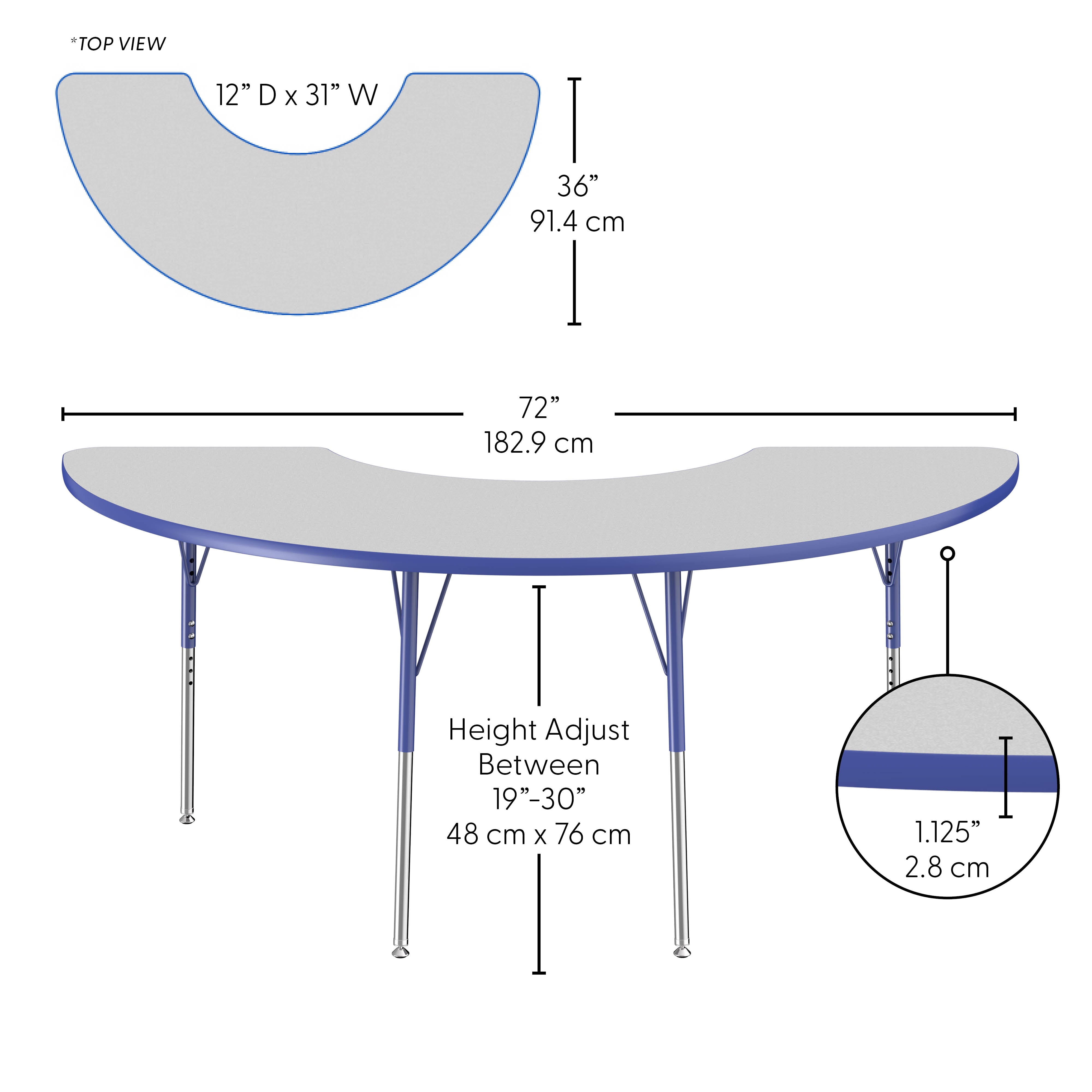 36" x 72" Half Moon Thermofused Activity Table with Adjustable Standard Ball Glide Legs - Gray/Blue