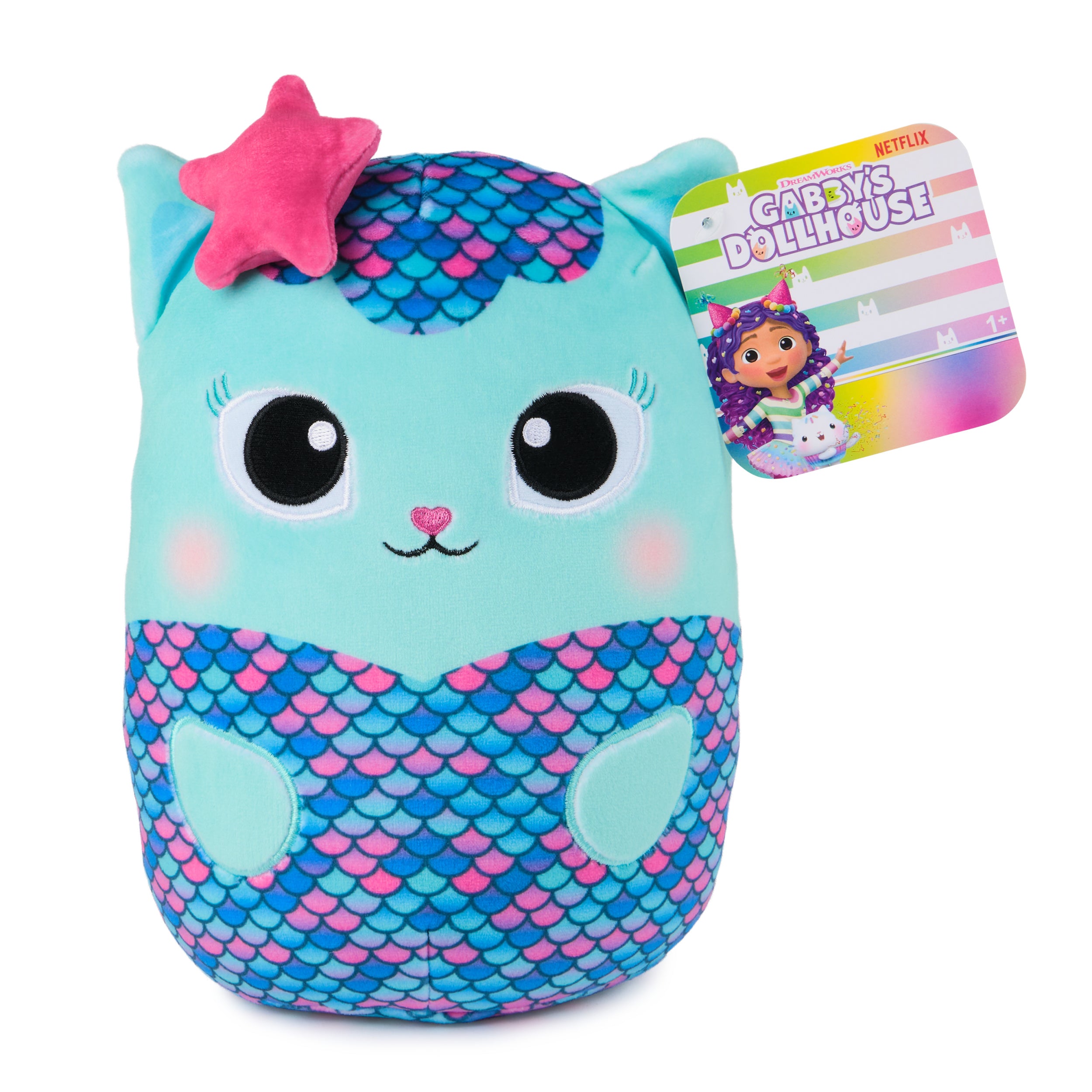 Gabby’s Dollhouse Official MerCat Squishy Plush Toy, Cat Stuffed Animal, Squishy Toys for Ages 1 & Up, Blue, 8”