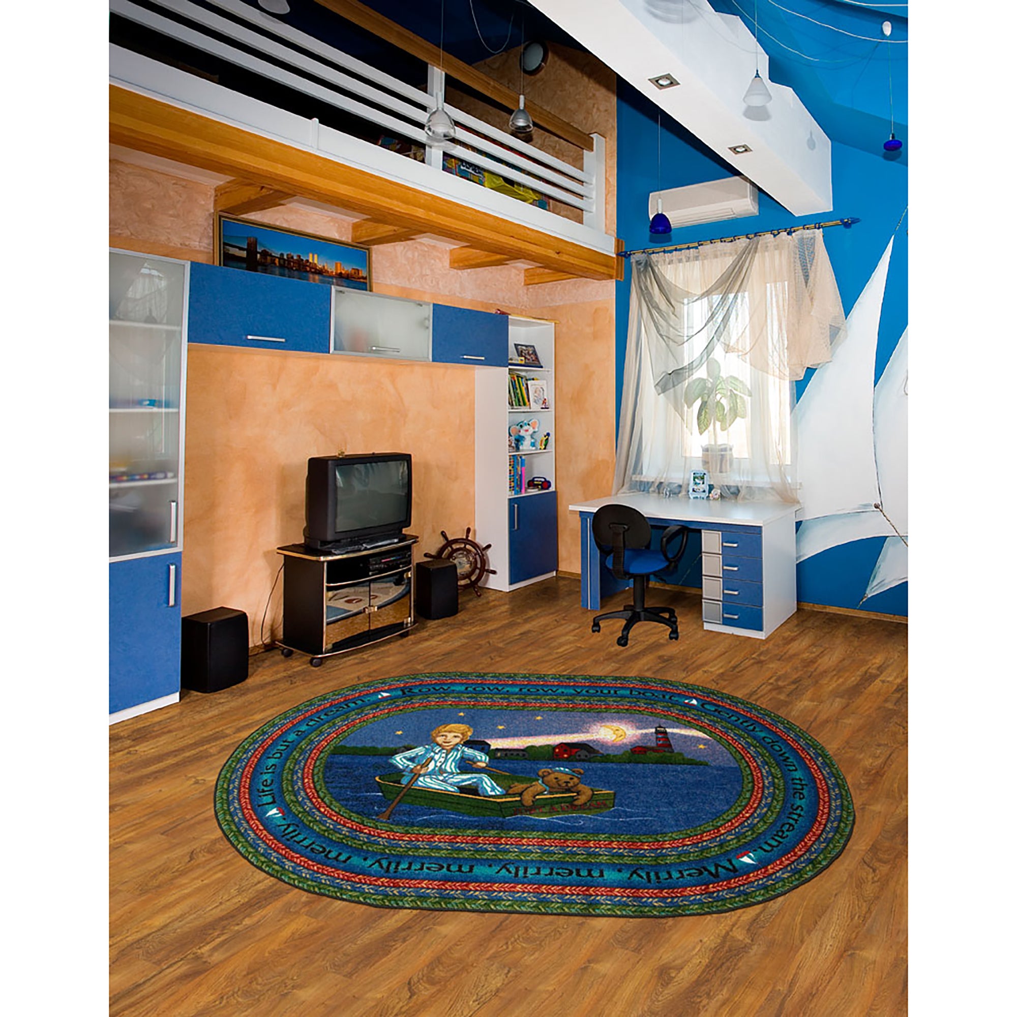 AlphaScript 7'7" Round area rug in color Blue